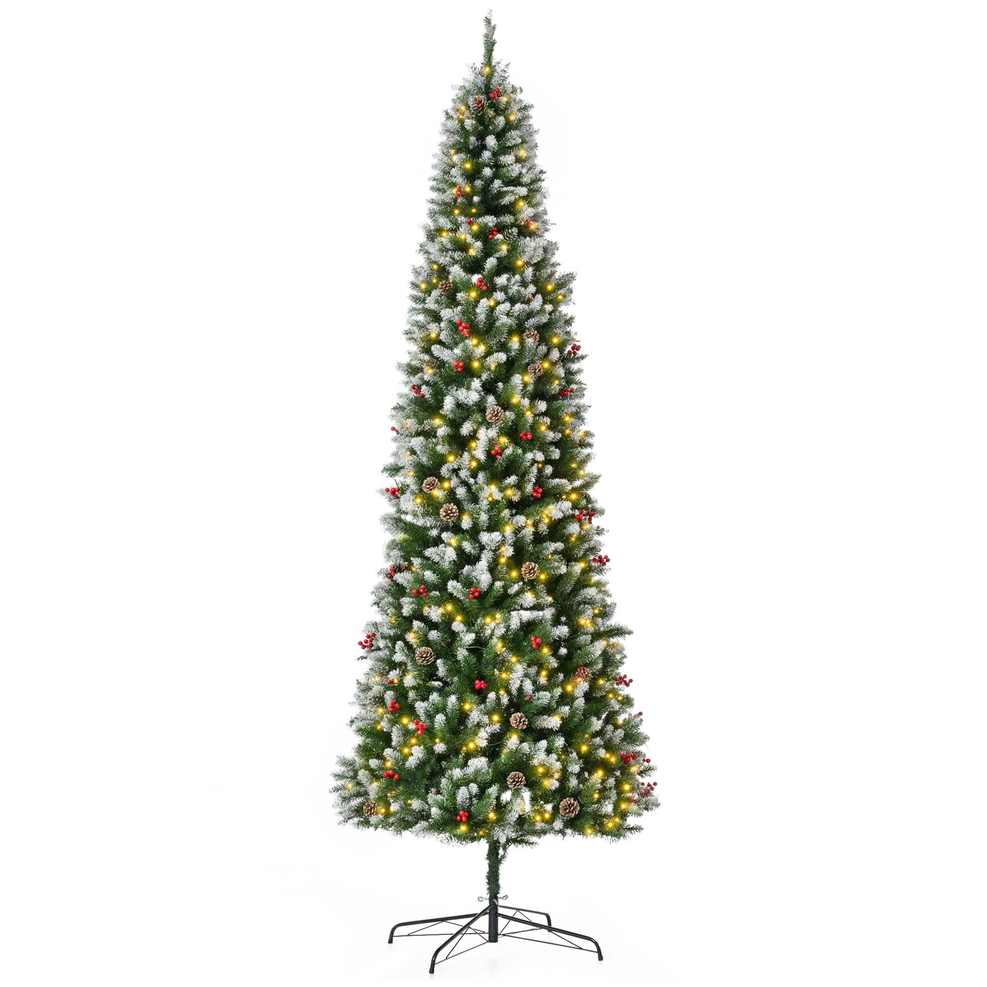 Homcom - 9ft Prelit Snow-Dipped Artificial Christmas Tree with LED Lights, Pine Cones, Red Berries, Branch Tips - Green