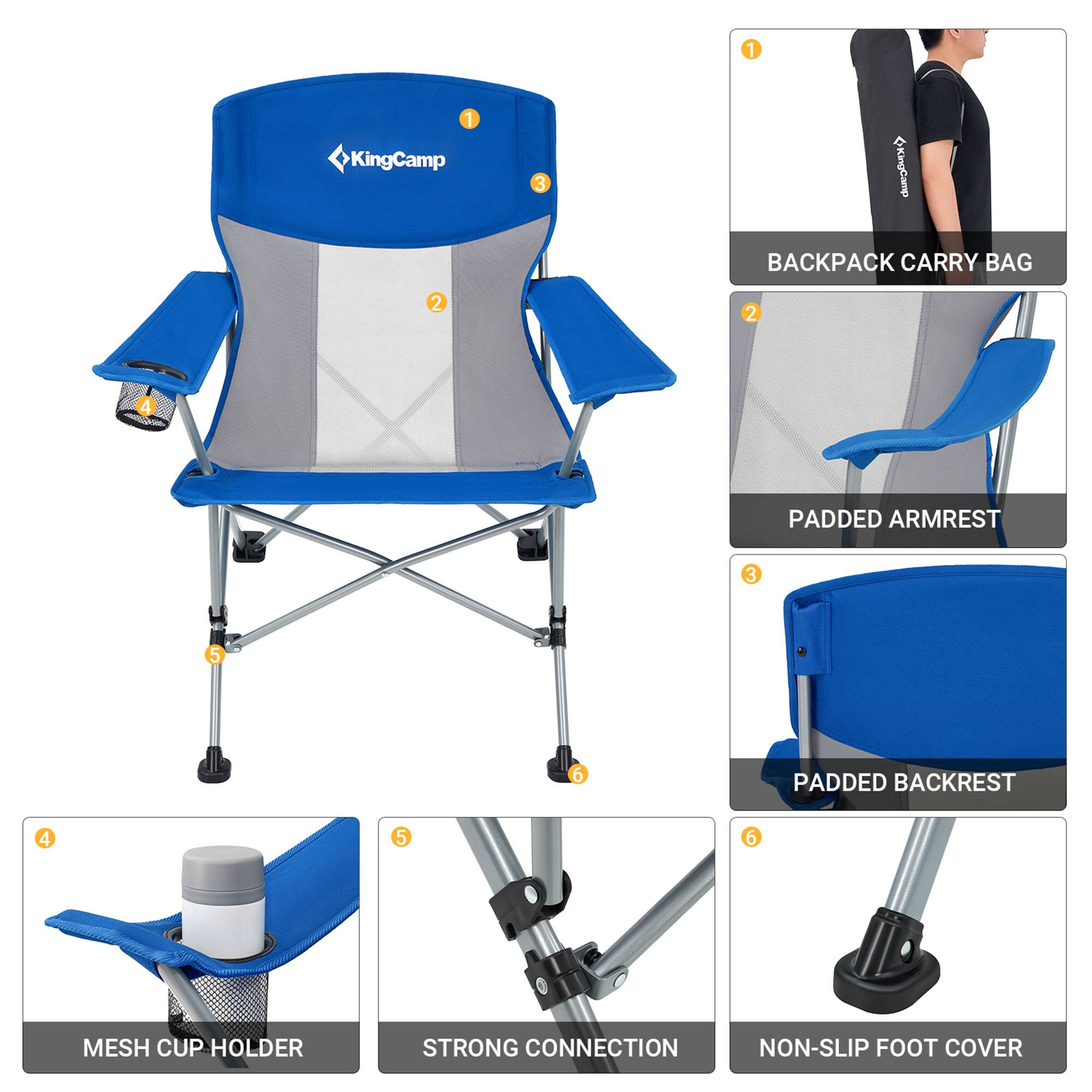1. KingCamp
2. BACKPACK CARRY BAG
3. PADDED ARMREST
4. PADDED BACKREST
5. MESH CUP HOLDER
6. STRONG CONNECTION
7. NON-SLIP FOOT COVER
