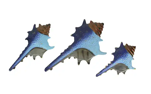 Front. Mayrich Company - Set of 3 Blue Metal Seashell Decorations Wall Hanging Sculpture Beach Home Decor - Multicolored.