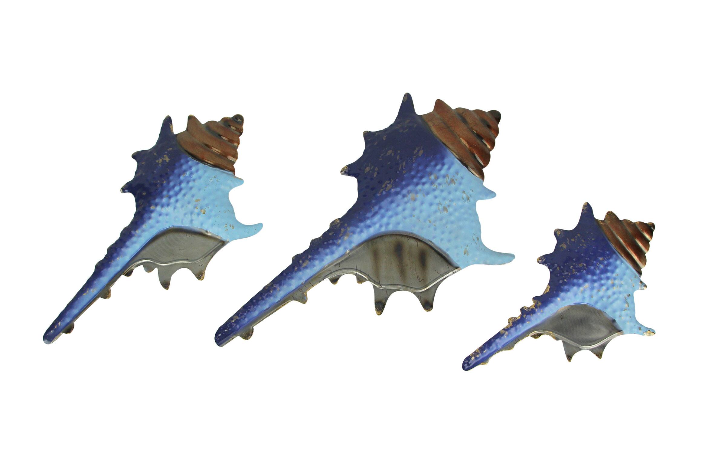 Front. Mayrich Company - Set of 3 Blue Metal Seashell Decorations Wall Hanging Sculpture Beach Home Decor - Multicolored.