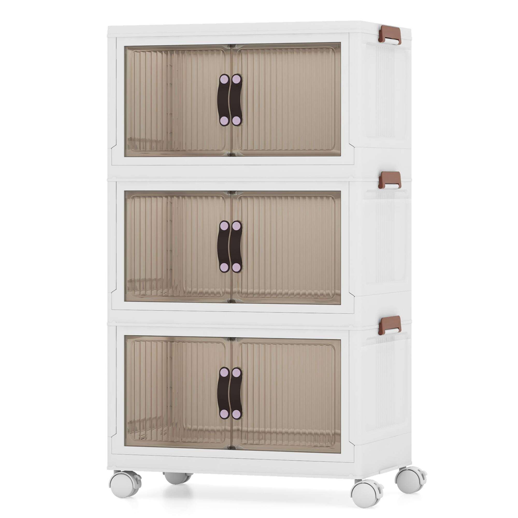 Alt View 9. Costway - Costway 25.5 Gallon Storage Bins 3-Tier Stackable Storage Boxes with Lid Lockable Casters - White + Brown.