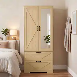 MERAVOM - Wooden Armoire Wardrobe with Mirror and 2 Drawers, 2 Doors, 71.7" Tall Freestanding Clothing Storage Cabinet for Bedroom - Natural