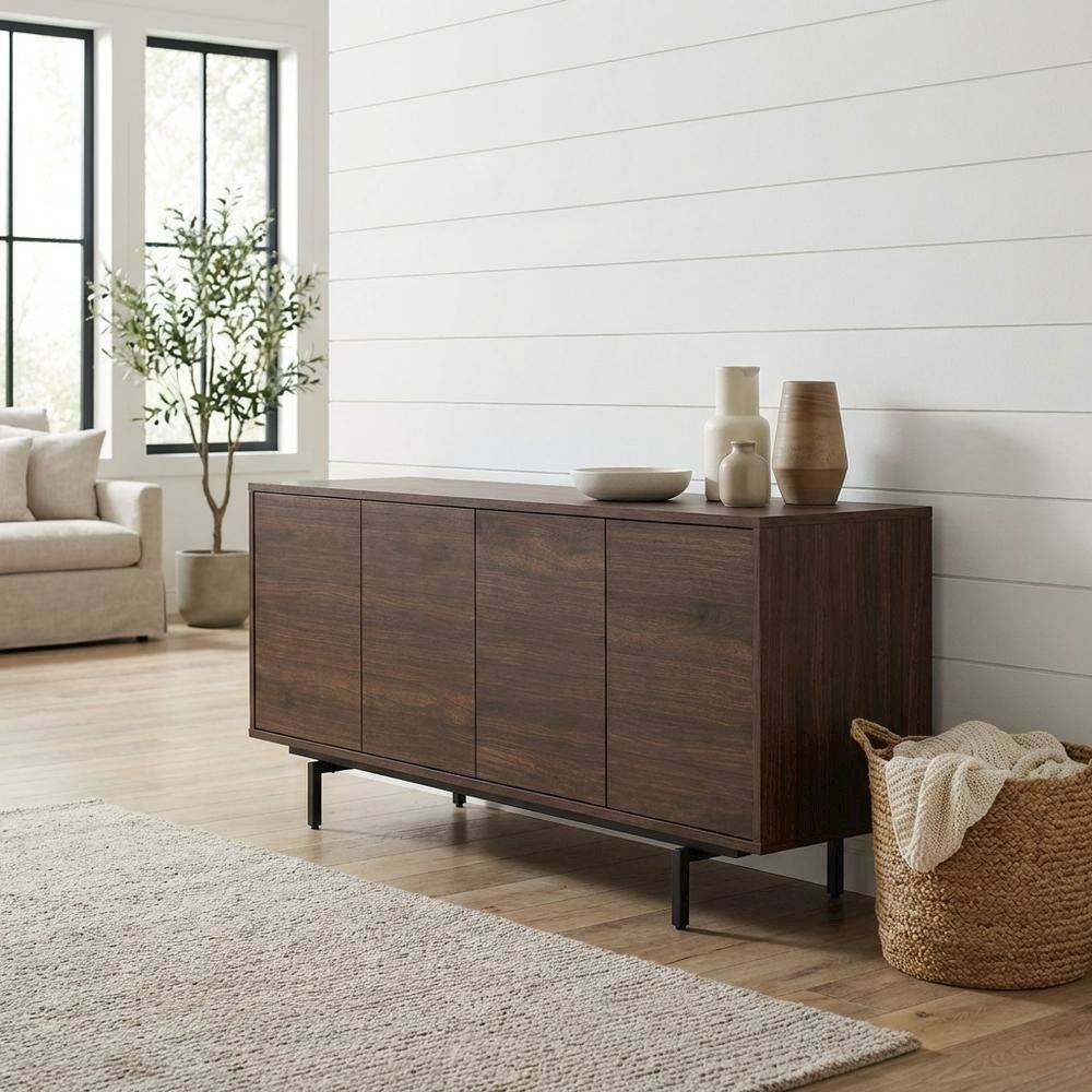 Angle. FurniFact - Wooden Walnut Finish TV Console with 4 Doors in Modern & Industrial Style - Brown.