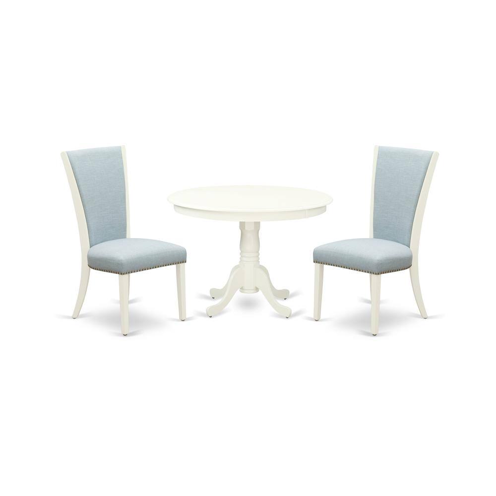 Left. East West Furniture - East-West Furniture HLVE3-LWH-15 - A wooden dining table set of two amazing dining chairs with Linen Fabric Baby Blue - Linen White.