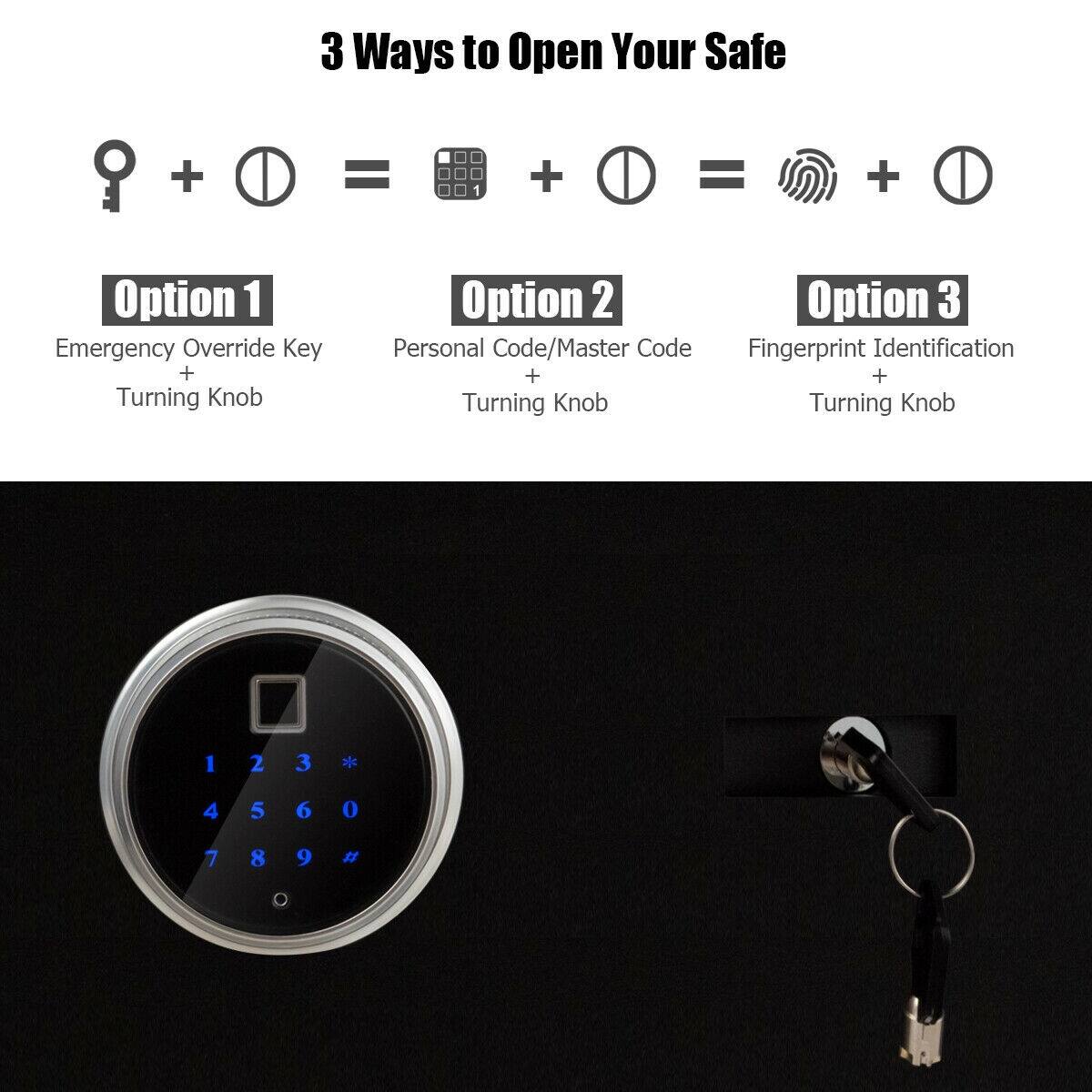 3 Ways to Open Your Safe

Option 1: Emergency Override Key + Turning Knob

Option 2: Personal Code/Master Code + Turning Knob

Option 3: Fingerprint Identification + Turning Knob

1 2 3 * 4 5 6 0 7 8 9 #