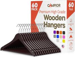 Campior - Wooden Hangers – 60-Pack, 360° Swivel Hook, Non-Slip, Pants Bar, Grooves, Space-Saving & Smooth Finish - Cherry