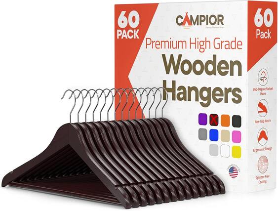 60 Pack
Premium High Grade Wooden Hangers
- 360-Degree Swivel Hook
- Non-Slip Notch
- Ergonomic Design
- Splinter-Free Coating
Designed in the USA