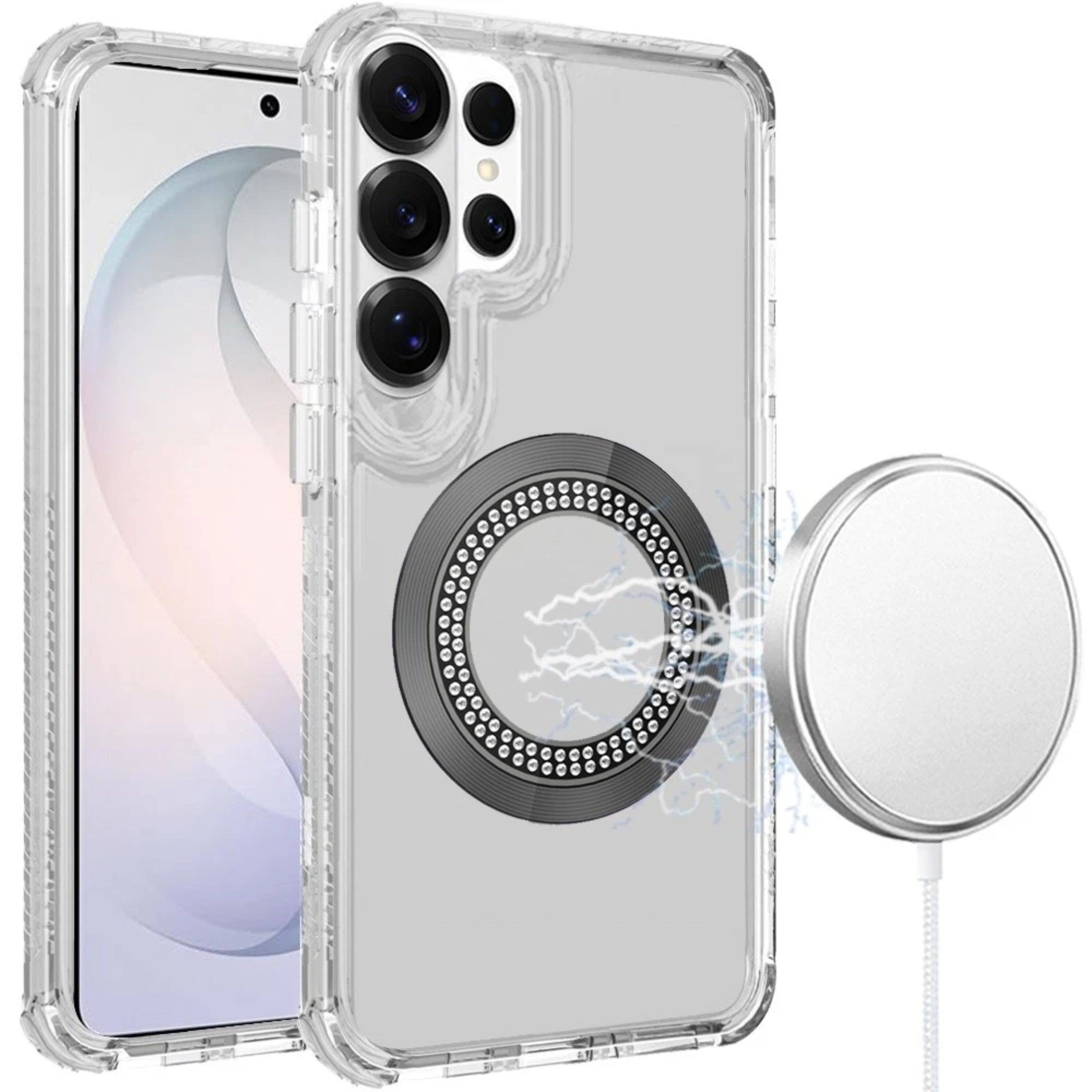 Left. Kitcheniva - Bling Hybrid Magnetic Charging Case With Tempered Glass For Samsung S26 Ultra Clear - Clear.
