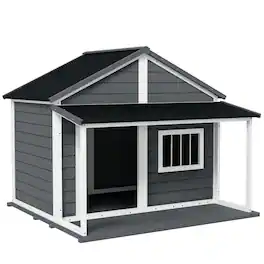 Pawhut - Outdoor Dog House Cabin Style, Wooden Raised Pet Kennel with Asphalt Roof, Front Door, Side Window, Porch