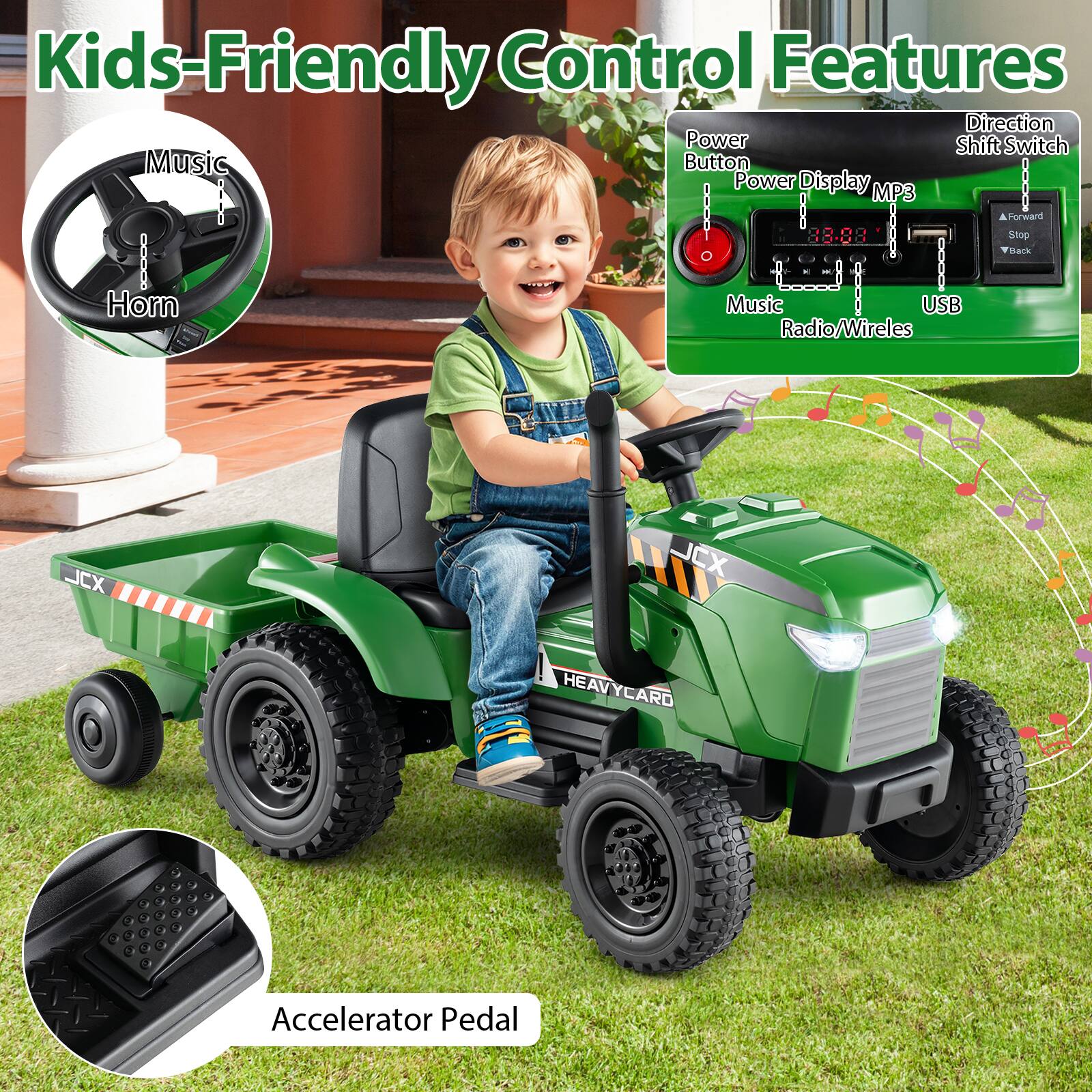 Kids-Friendly Control Features

- Music
- Horn
- Power Button
- Power Display MP3
- Music
- Radio/Wireless
- USB
- Direction Shift Switch
- Forward
- Stop
- Back
- Accelerator Pedal