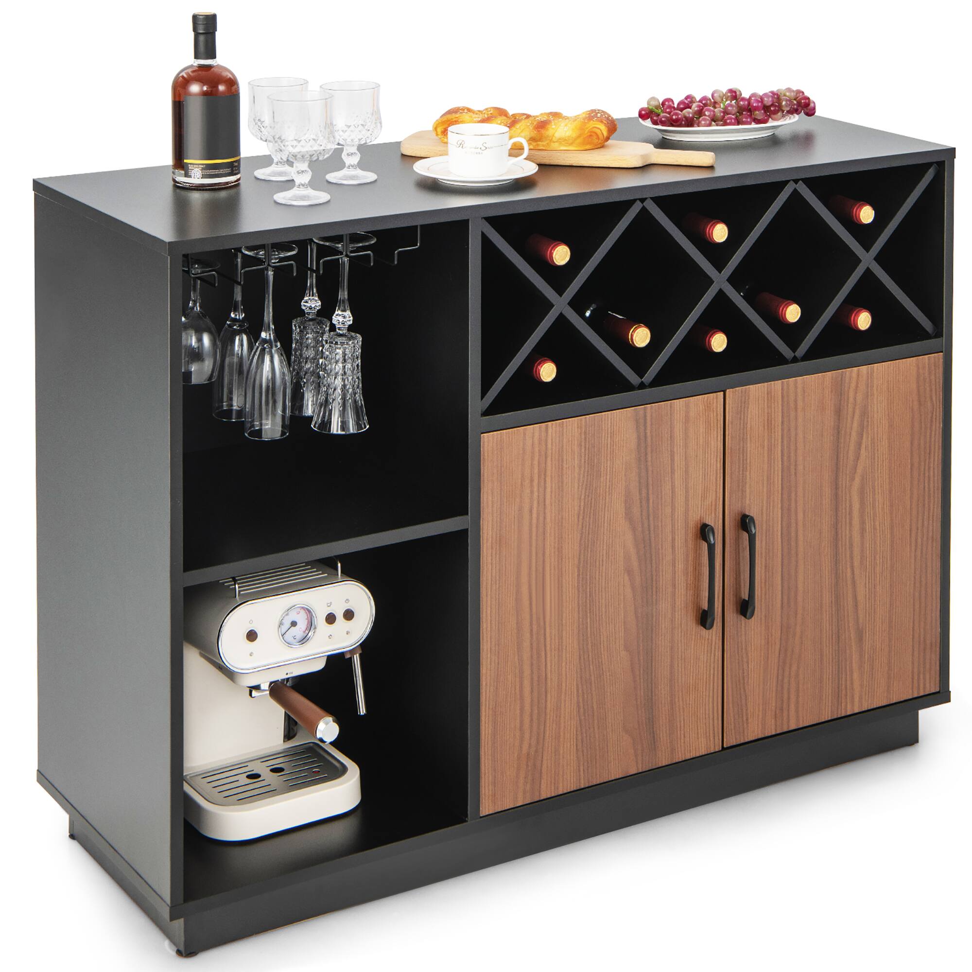 Alt View 1. Costway - Industrial Wine Bar Cabinet Sideboard Buffet with Glass Holder &  Adjustable Shelf - Black / Brown.