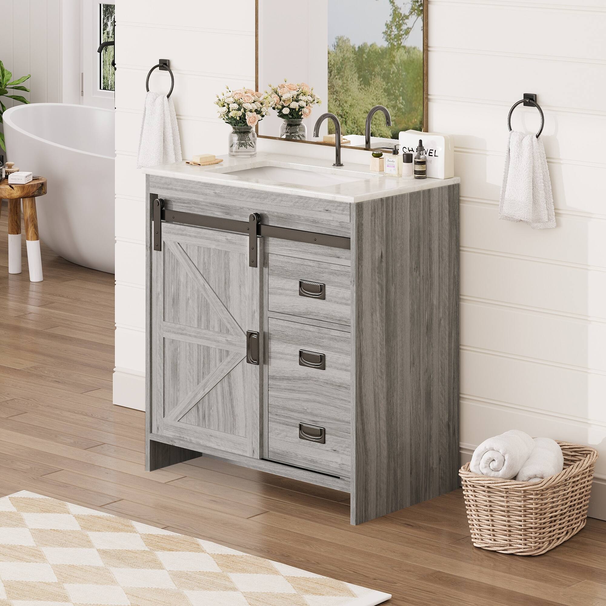Angle. U-HOMY - Farmhouse Bathroom Vanity with Ceramic Top and Sliding Barn Door, Rustic Single Sink Cabinet with Storage - 32".