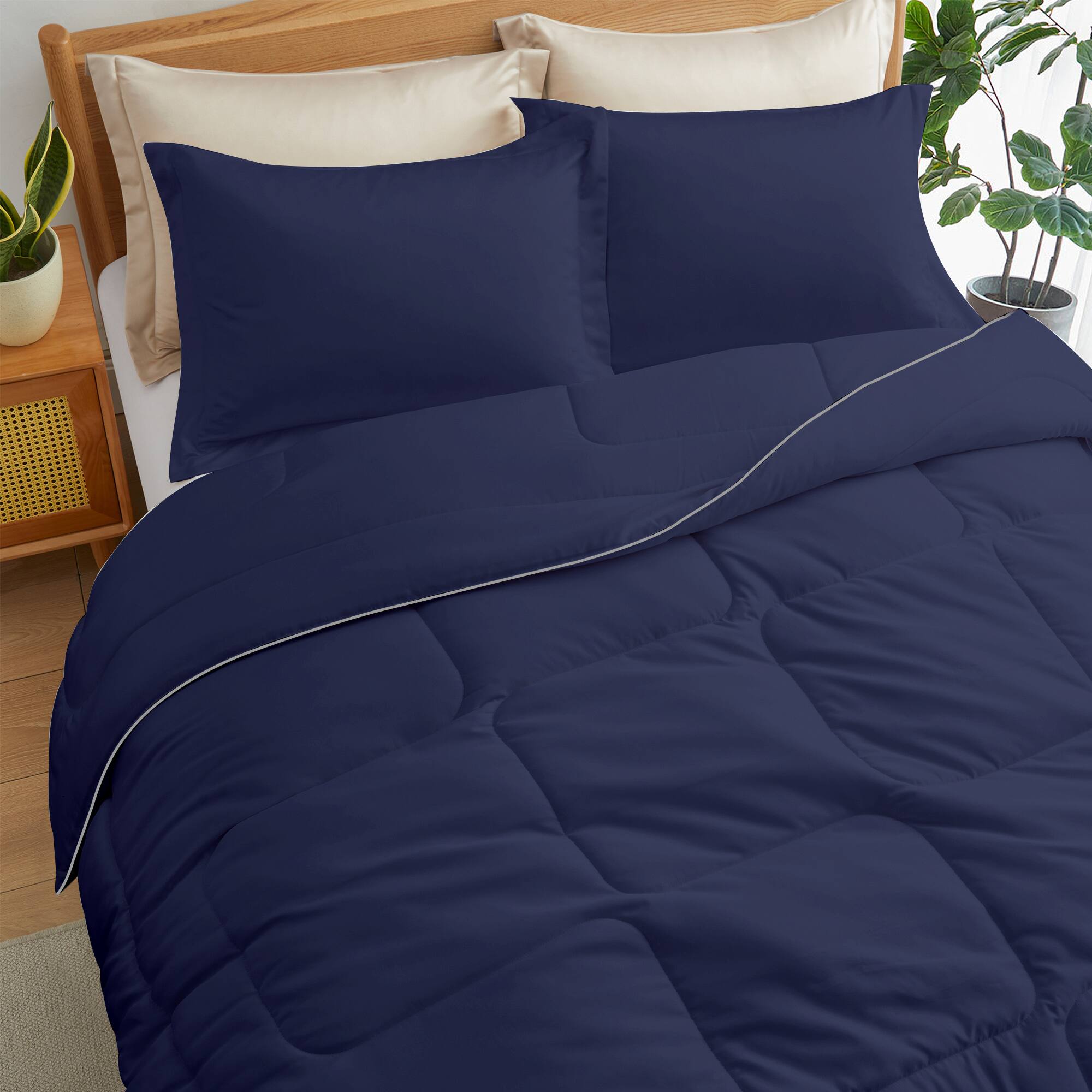 Angle. Peace Nest - Peace Nest Lightweight Cool-Touch Satin Comforter Sets with Pillowcases - Navy.