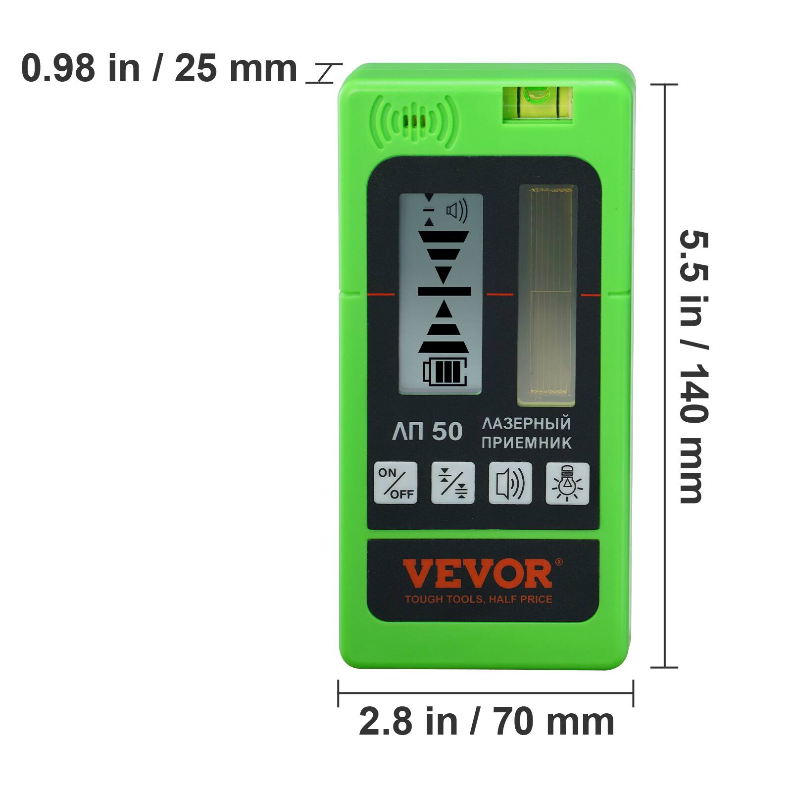 0.98 in / 25 mm  
5.5 in / 140 mm  
2.8 in / 70 mm  
VEVOR TOUGH TOOLS, HALF PRICE