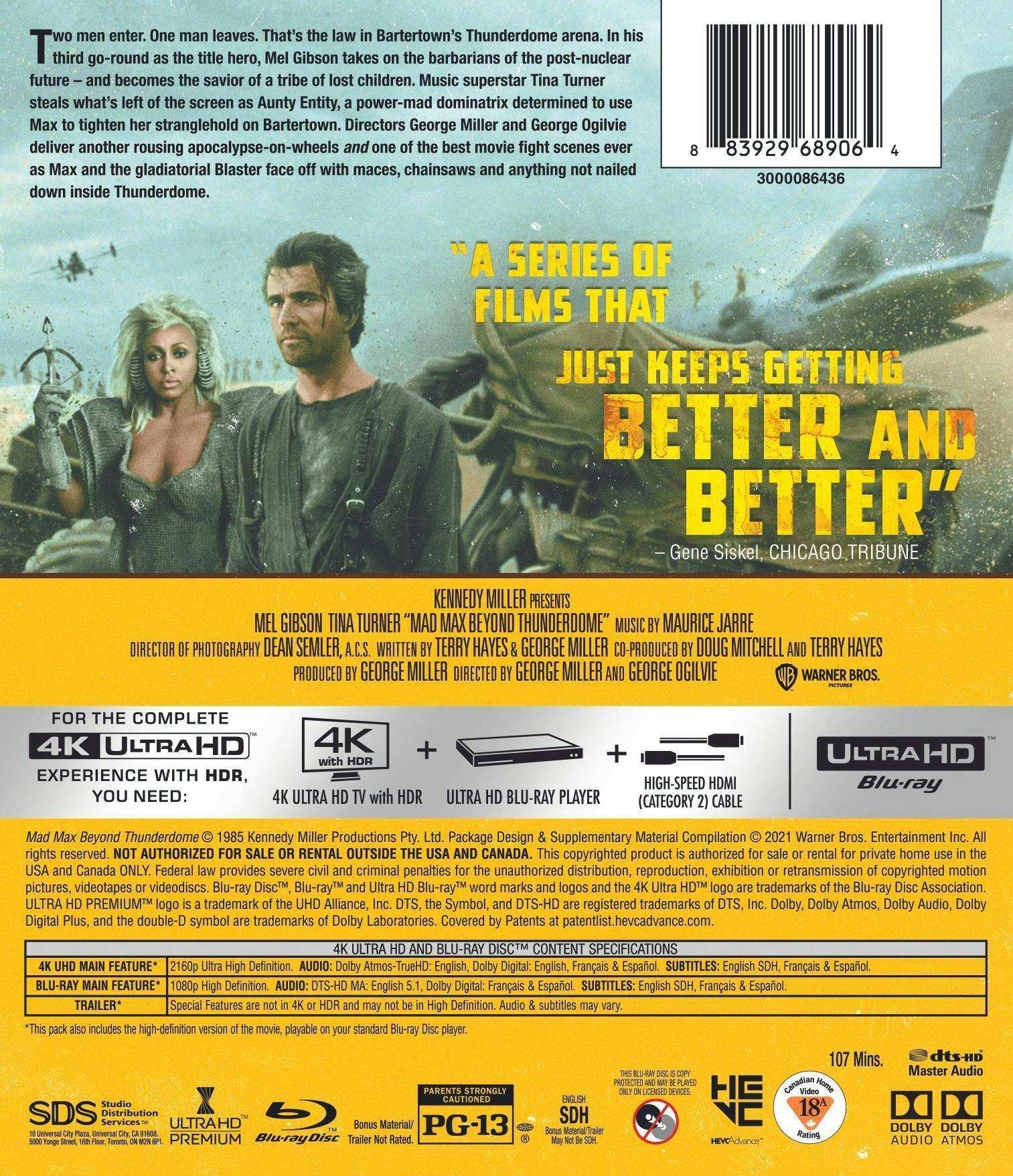 Back. Mad Max Beyond Thunderdome   - 4K Blu-Ray.