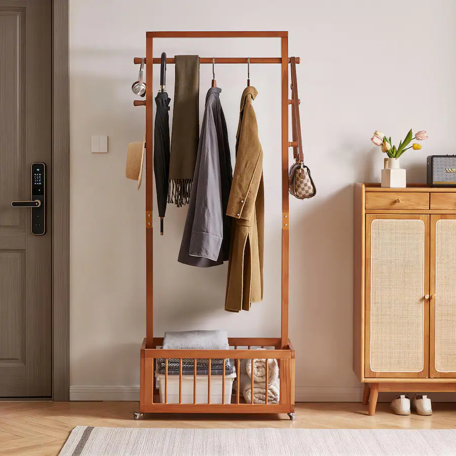 Rolling Compact Racks MERAVOM Solid Wood Freestanding Coat Rack with Rolling Wheels & Storage ...