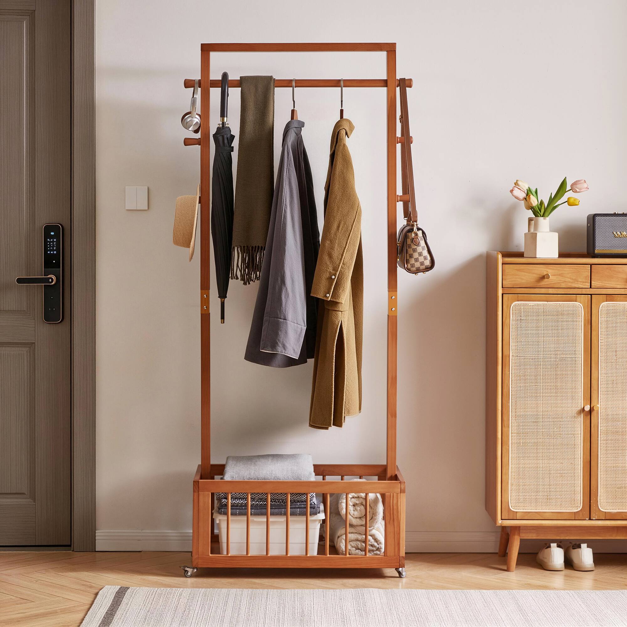 MERAVOM Solid Wood Freestanding Coat Rack with Rolling Wheels & Storage ...