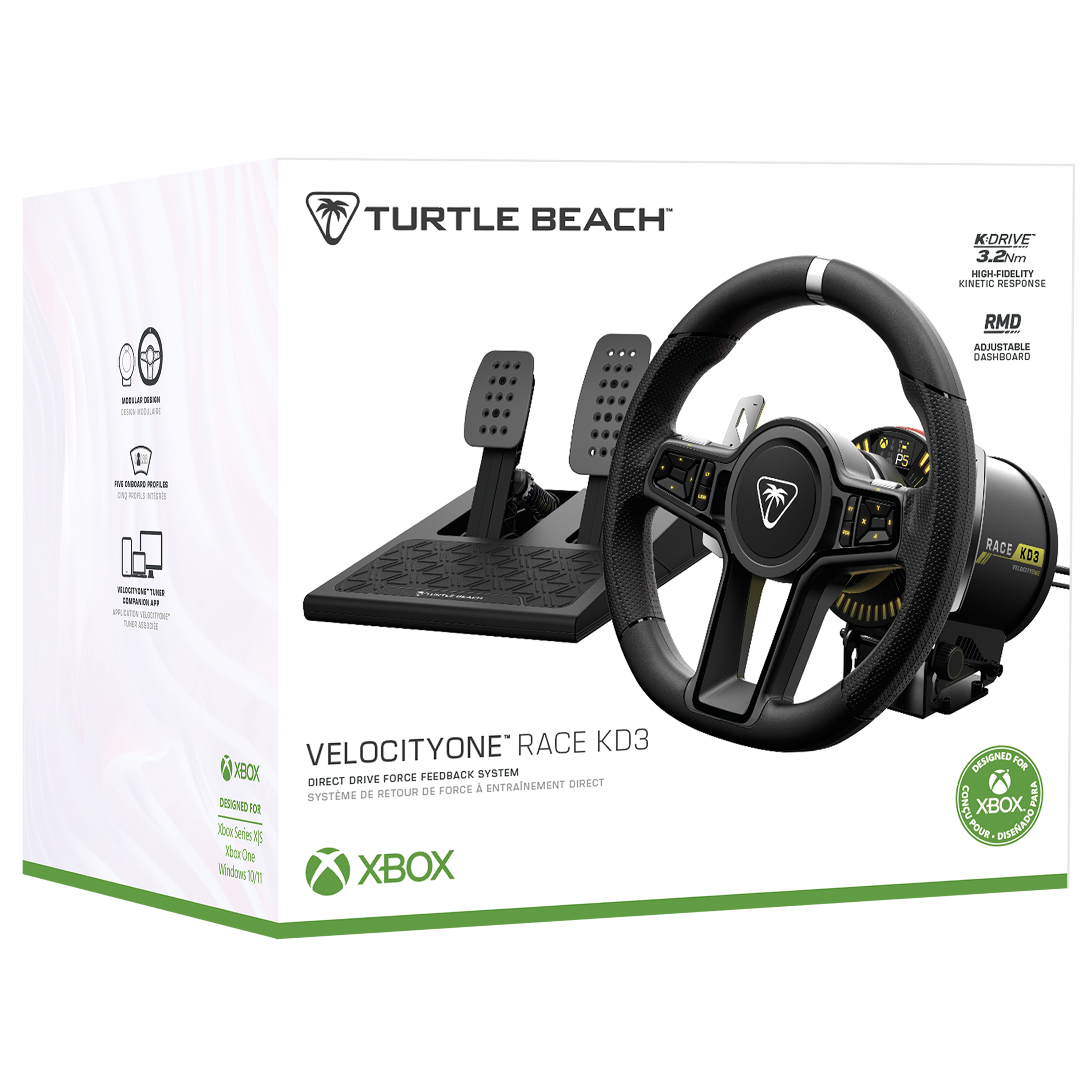 Turtle Beach K-Drive 3.2Nm High-Fidelity Kinetic Response RMD Adjustable Dashboard - S0. Hola, in POU eion - TOEa - an sia da ia - RACE KD3 Cda VelocityOne RACE KD3 XBOX Direct Drive Force Feedback System. A entrainement direct de biétoun de force système. Designed for Your Series Toa One Windows T XBOX. Designed for COMCO XBOX. Para pour oeadó.