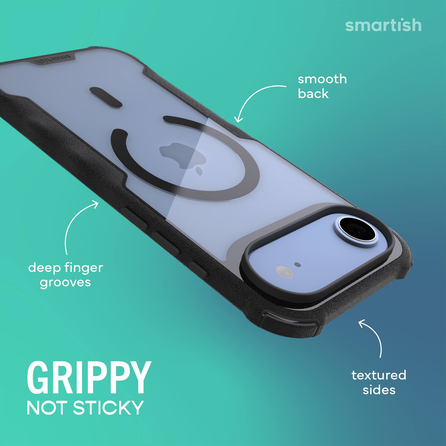 smartish  
smooth back  
deep finger grooves  
textured sides  
GRIPPY NOT STICKY