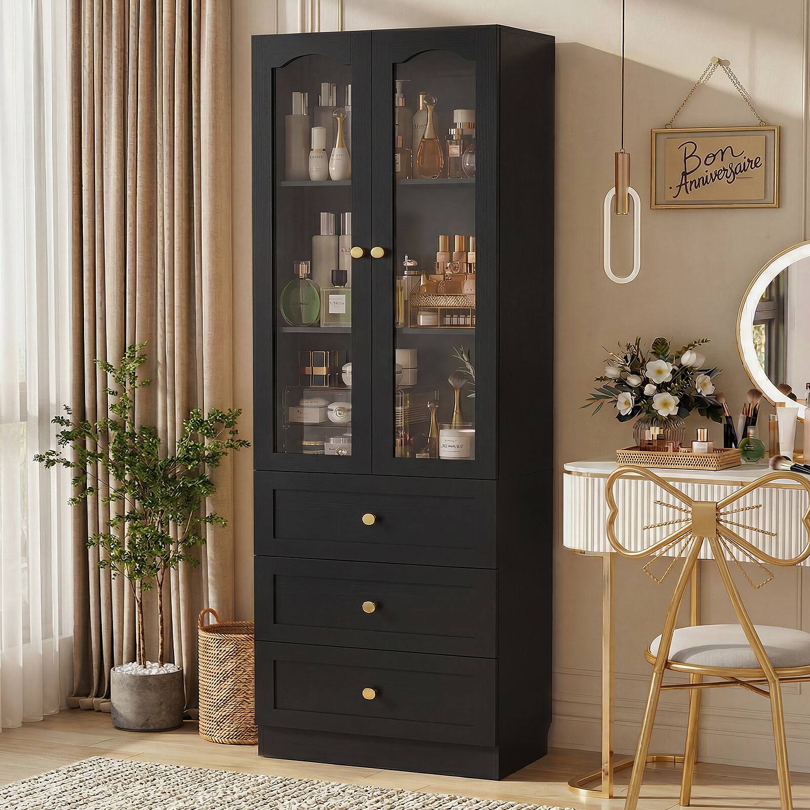 Alt View 5. Aheaplus - 80'' Tall Bookcase with 3 Drawers, Glass Doors, and 3-Tier Shelves, 2 Piece Set - Black.