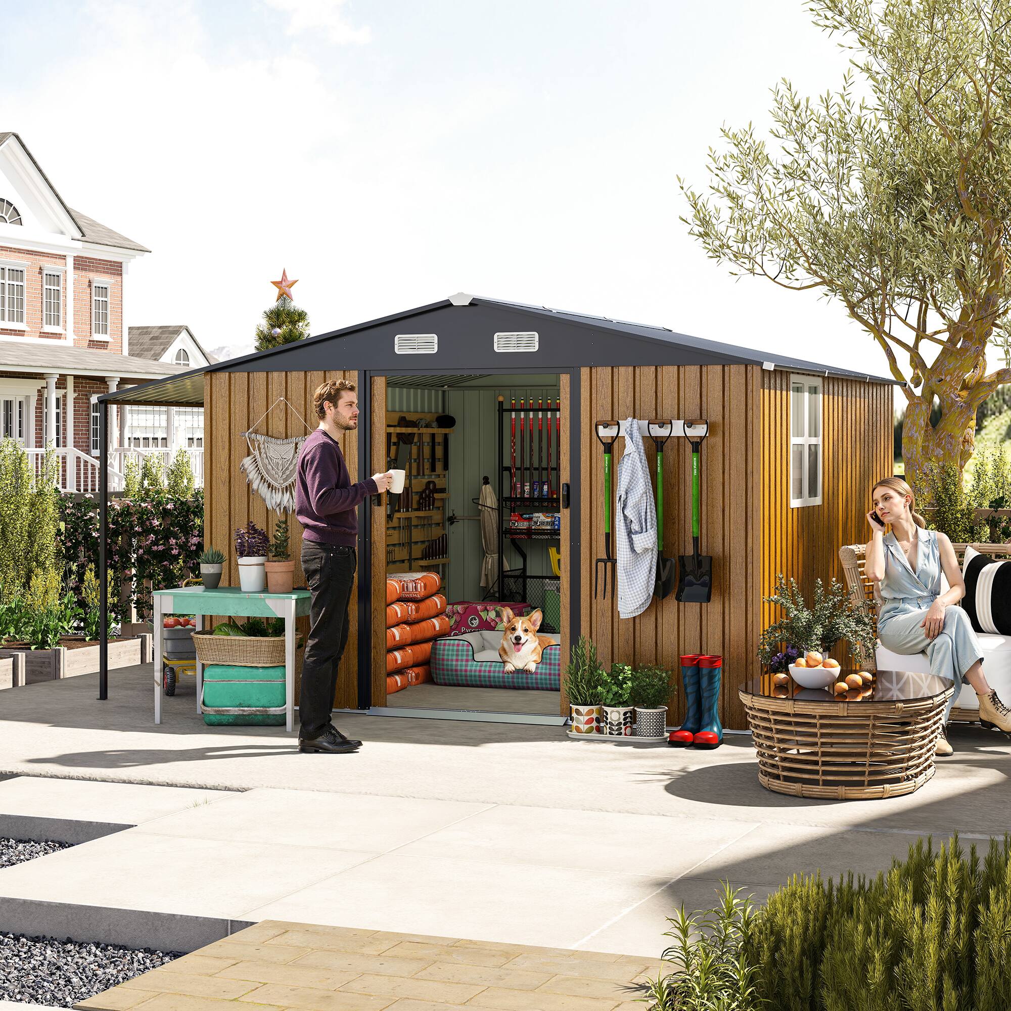 Left. Anysun - 10x12ft Metal Storage Shed with Lockable Doors, Windows & Sliding Door with Ramp, Dual-Zone Design for Backyard or Patio - Yellow.