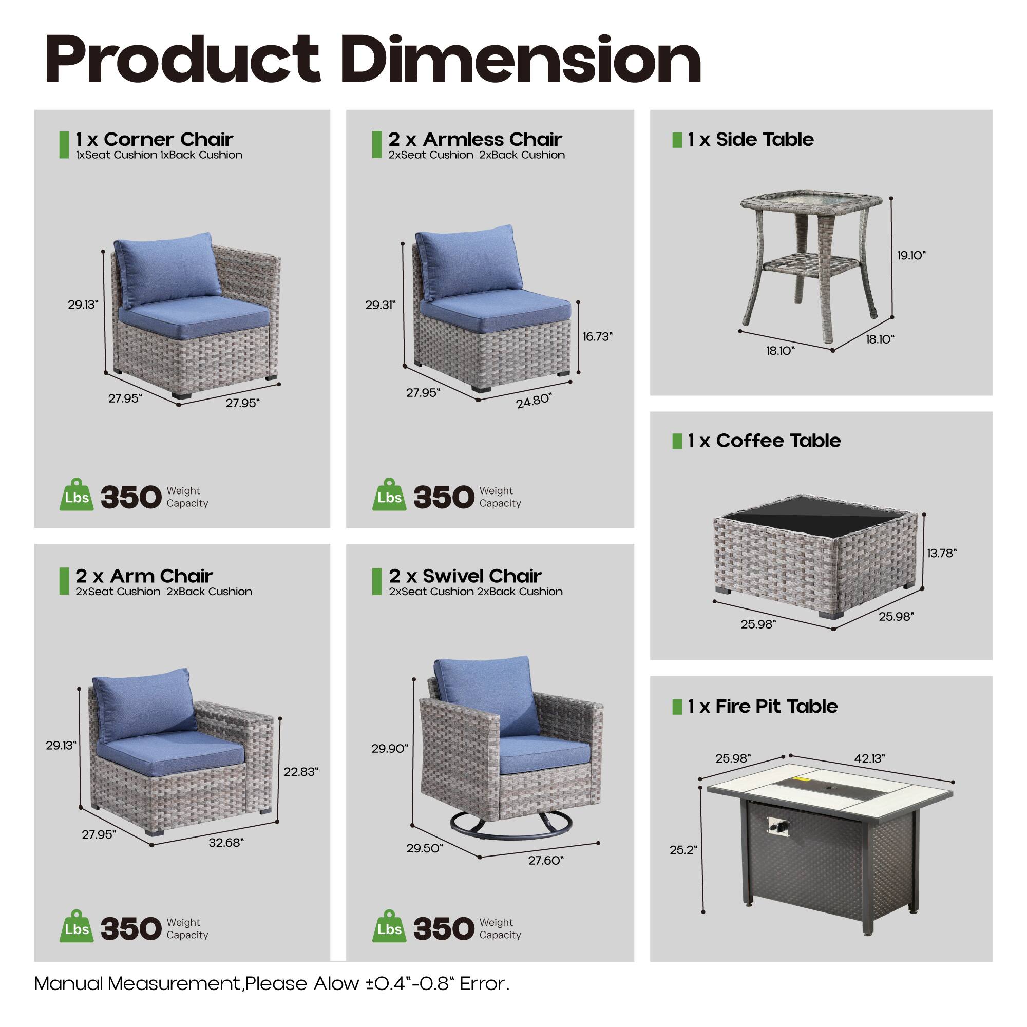 Product Dimension

1 x Corner Chair
- 1x Seat Cushion
- 1x Back Cushion
- 29.10" x 29.13" x 29.3" x 16.73" x 18.10" x 18.10" x 27.95" x 27.95" x 27.96" x 24.80"
- 350 lbs Capacity

2 x Armless Chair
- 2x Seat Cushion
- 2x Back Cushion
- 29.10" x 29.13" x 29.3" x 16.73" x 18.10" x 18.10" x 27.95" x 27.95" x 27.96" x 24.80"
- 350 lbs Capacity

1 x Side Table
- 19.10" x 18.10" x 18.10"
- 350 lbs Capacity