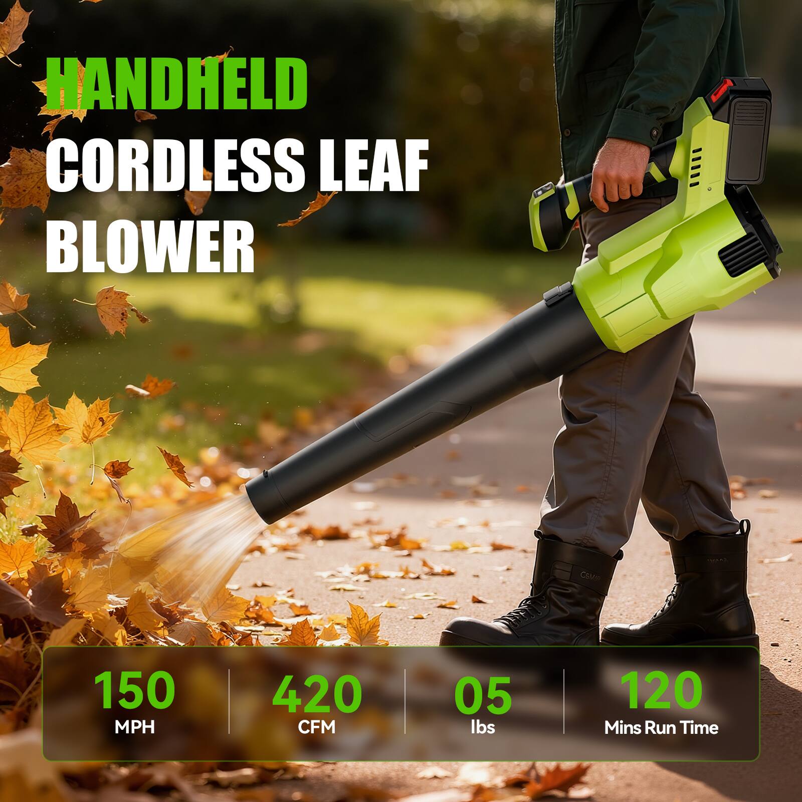 HANDHELD CORDLESS LEAF BLOWER

150 MPH  
420 CFM  
0.5 lbs  
120 Mins Run Time