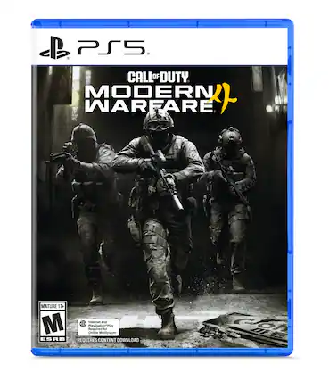 PS5
CALL OF DUTY MODERN WARFARE
MATURE 17+
Internet and M Online Required
PlayStationPlus Multiplayer for ESRB
REQUIRES CONTENT DOWNLOAD - M (Mature 17+)