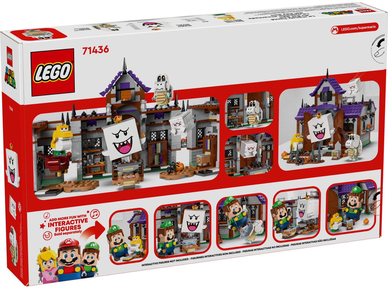 The text on the image reads: "71436 E50 ARO UPER LEGO PTaS C M LEGO.com/supermario E W 1 J FUN WITH J ADD MORE INTERACTIVE FIGURES Sold separately M (4 e NO INOLUIDAS RIGURAS INTERATIVAS NO INCLUIDAS FIGURINAS INTERACTIVAS NON INCLUSES FIGURINES INTERACTIVE NOT INCLUDED INCLUDED-FIGURINES FIOURES INTERACTIVE TE."