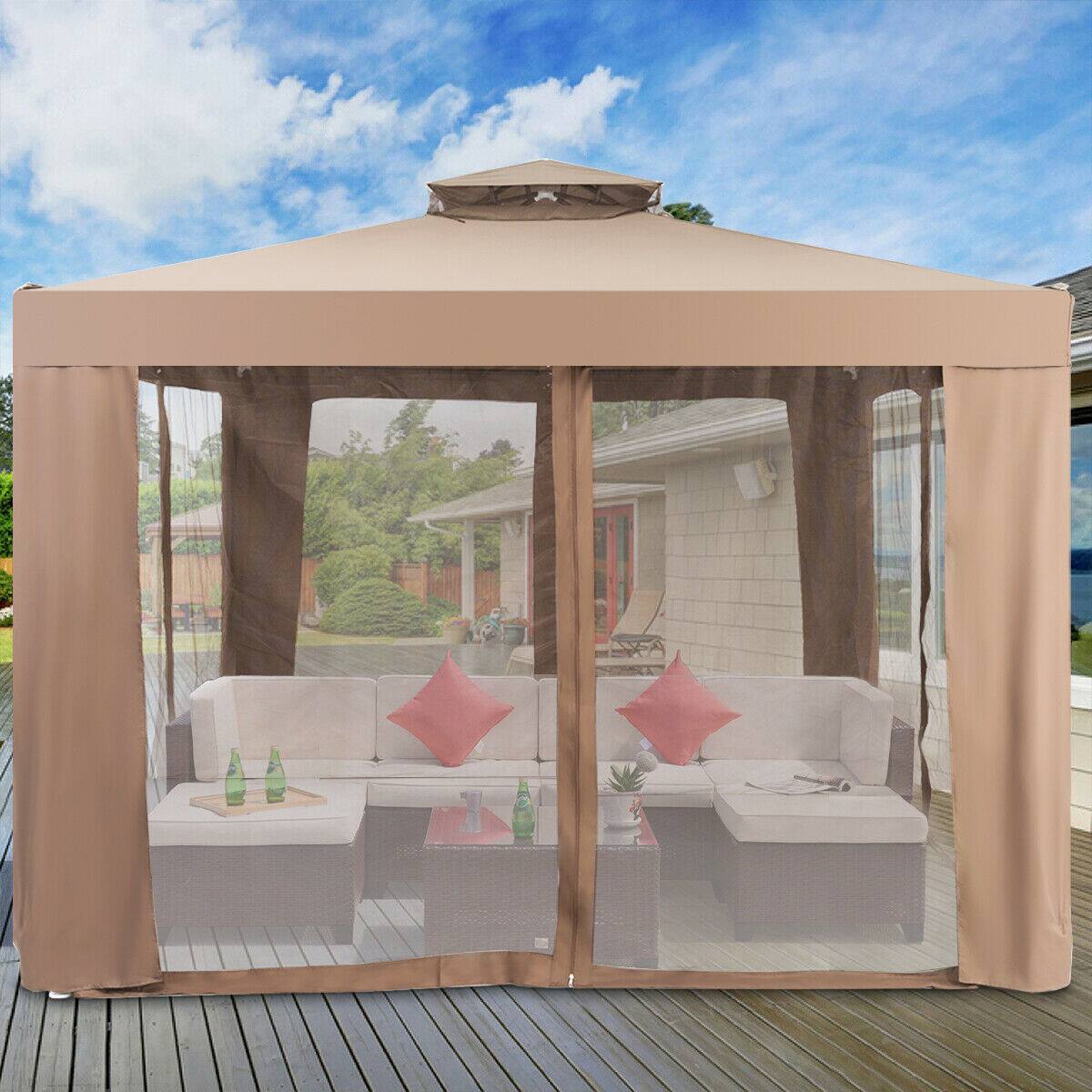 Alt View 3. Gymax - Gymax 10'x 10' Canopy Gazebo Tent Shelter Garden Lawn Patio W/Mosquito Netting Coffee - Coffee.