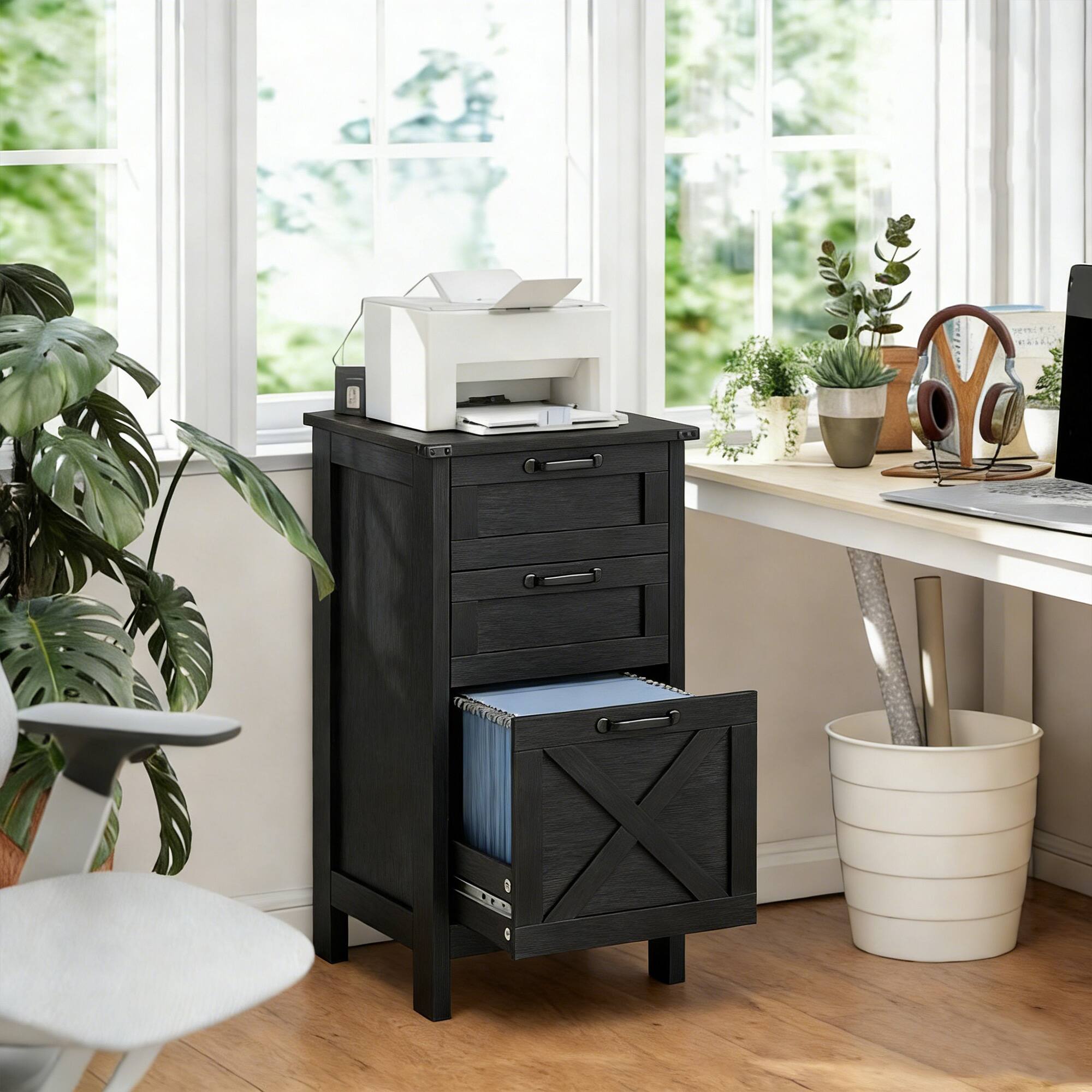 Alt View 1. Homcom - File Cabinet with 3 Drawers, Rustic Farmhouse Office Storage Cabinet for A4, Letter Size - Black.