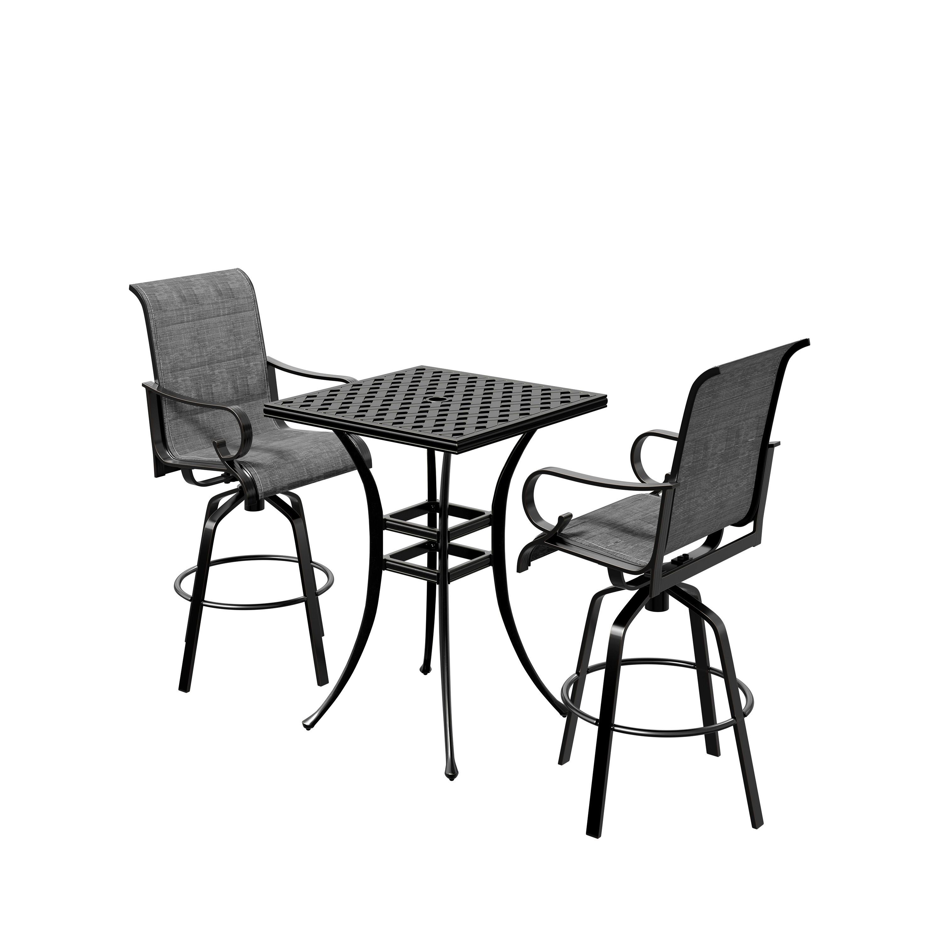 Back. Mondawe - 3-Piece Outdoor Dining Set with Swivel Chairs - Black+Grey.