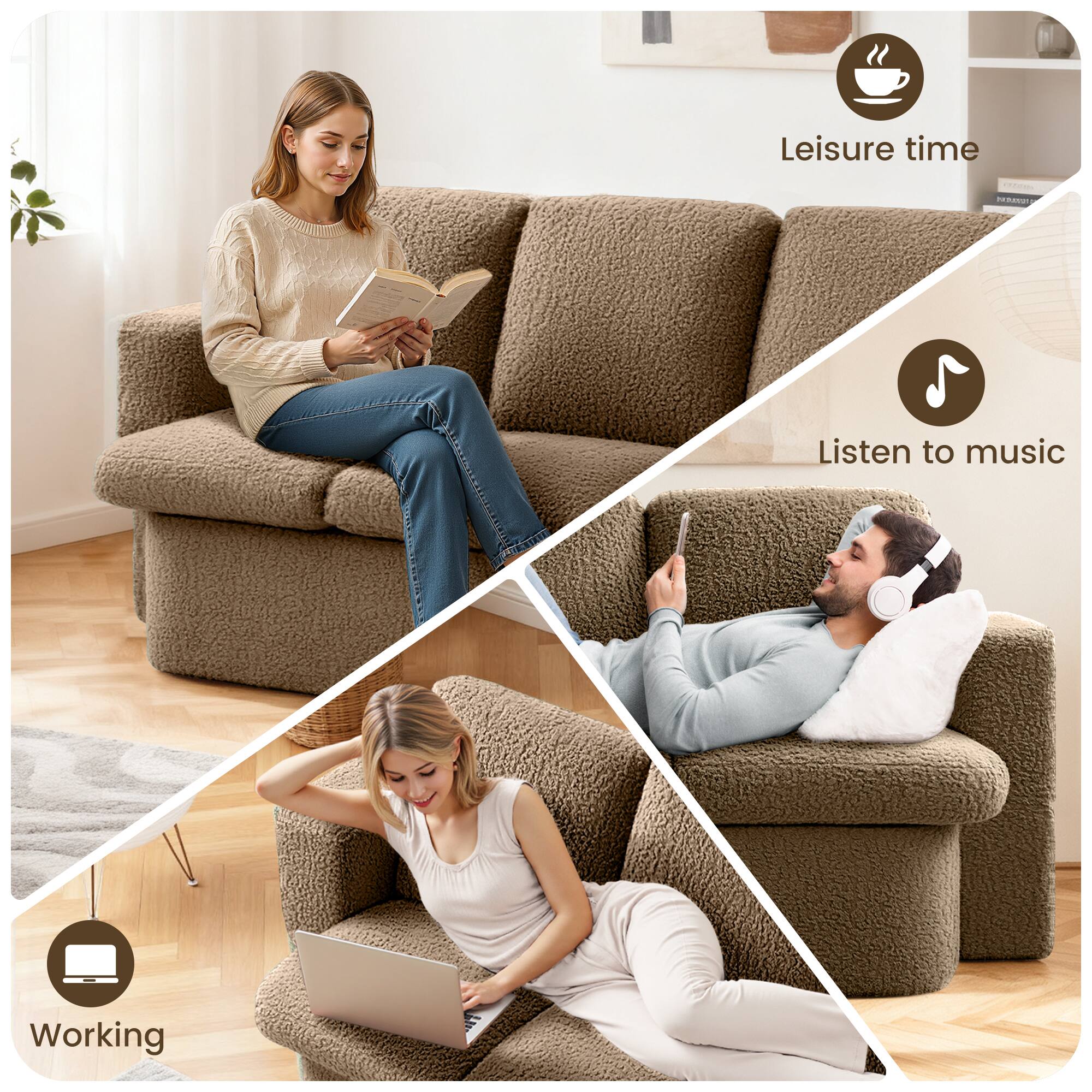 Leisure time  
Listen to music  
Working