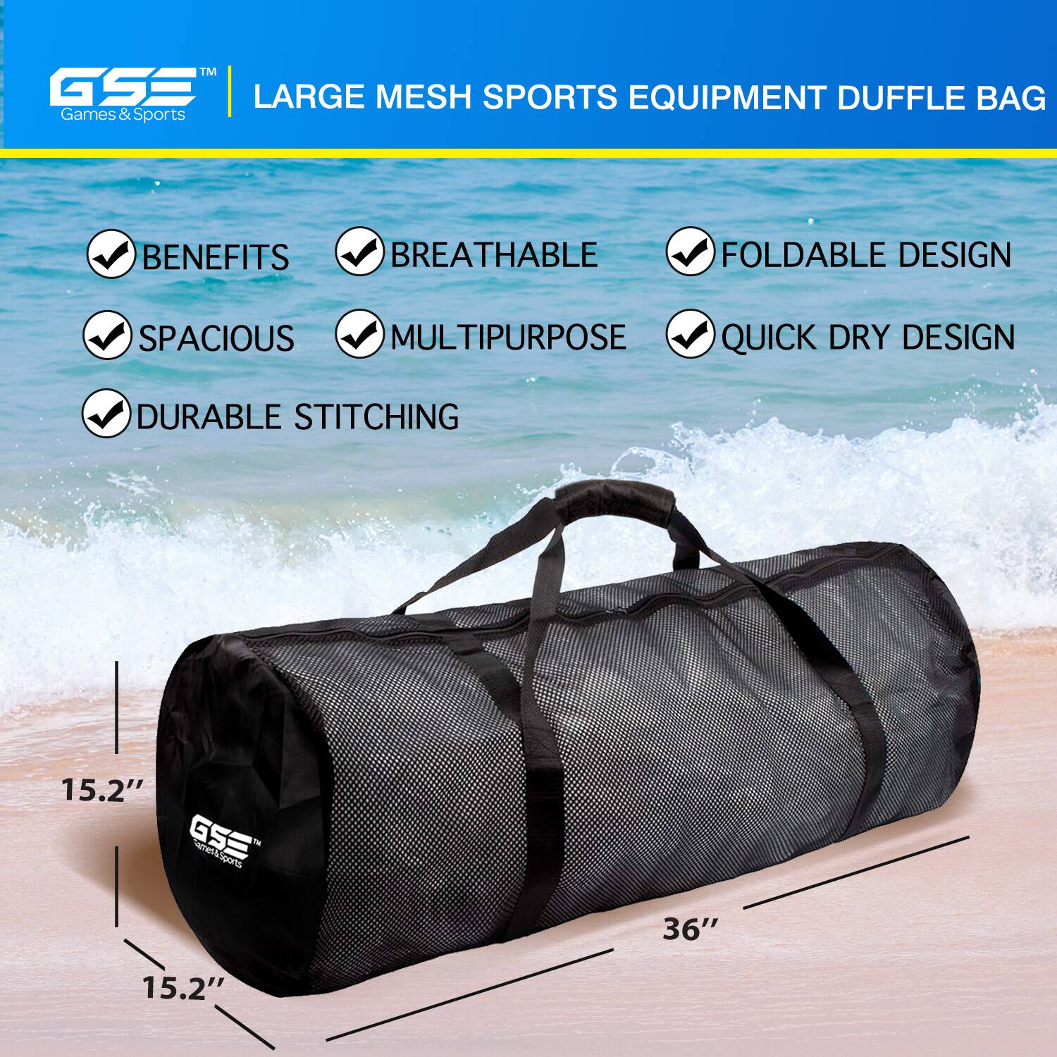 TM GSE LARGE MESH SPORTS EQUIPMENT DUFFLE BAG Games & Sports BENEFITS BREATHABLE FOLDABLE DESIGN SPACIOUS MULTIPURPOSE QUICK DRY DESIGN DURABLE STITCHING 15.2" 36" 15.2"