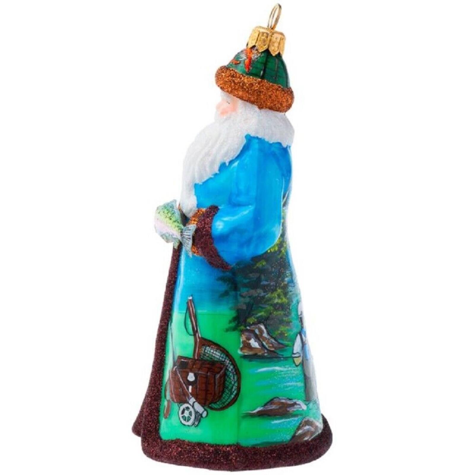 Left. Joy to the World Collectibles - Joy To The World Glitterazzi Fly Fishing Santa Polish Glass Christmas Ornament - Multicolor.