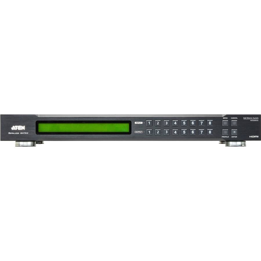 ATEN Seamless Matrix Switcher  
8x8 HDMI  
INPUT: 1 2 3 4 5 6 7 8  
OUTPUT: 1 2 3 4 5 6 7 8  
MENU CANCEL  
PROFILE ENTER