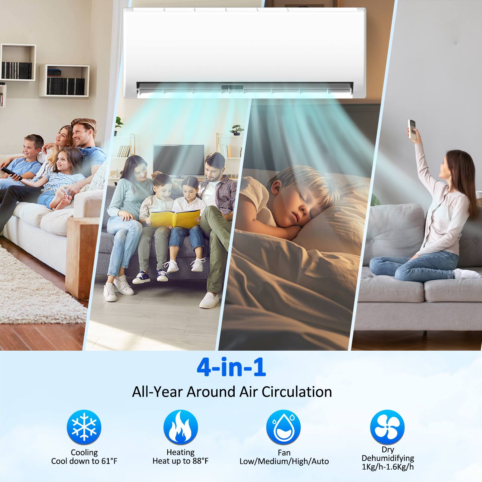 4-in-1 All-Year Around Air Circulation

Cooling
Cool down to 61°F

Heating
Heat up to 88°F

Fan
Low/Medium/High/Auto

Dry
Dehumidifying 1Kg/h-1.6Kg/h