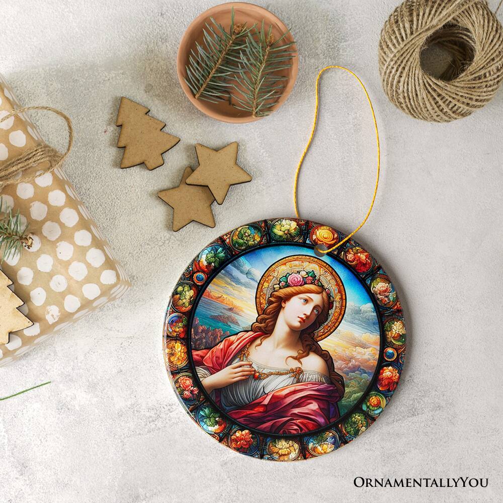 Back. OrnamentallyYou - Beautiful Woman Stained Glass Themed Renaissance Italy Painting Ornament Medieval Christmas Gift - Multi-colored.