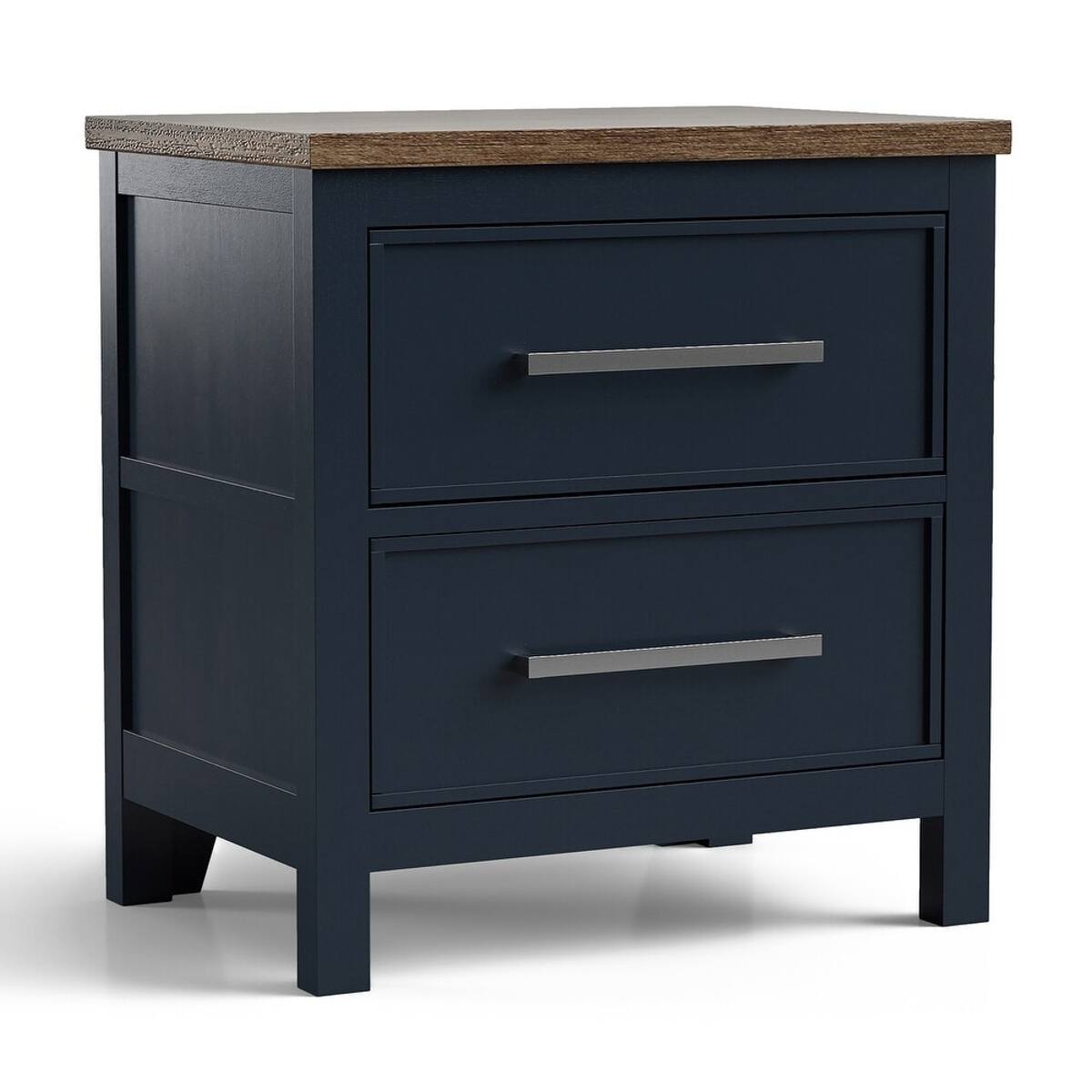 Angle. Loheer - Loheer Modern Farmhouse Nightstand, Two-Tone Blue and Dark Brown, Two Drawers - Blue and Dark Brown.