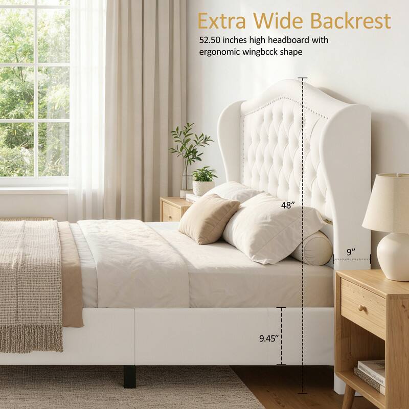 Extra Wide Backrest  
52.50 inches high headboard with ergonomic wingback shape  
48"  
9"  
9.45"