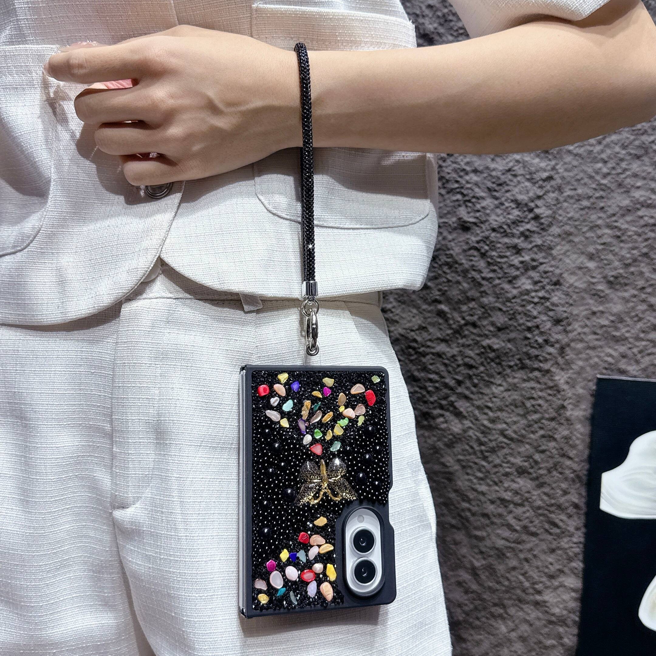Alt View 1. Dteck - Diamond Case for Samsung Galaxy Z Fold 8, Sparkle Glitter Rhinestone Butterfly Phone Cover with Strap - Black.