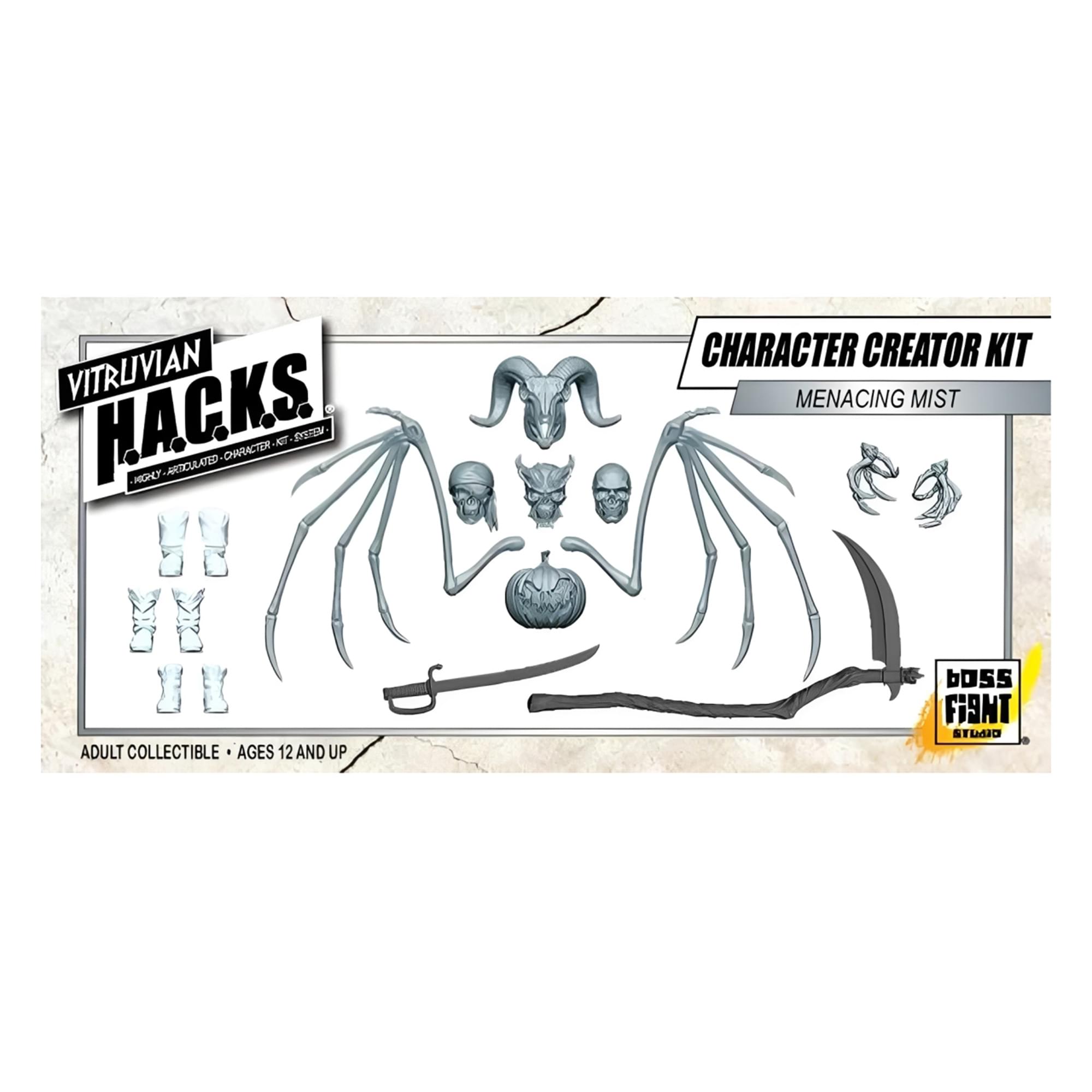 VITRUVIAN HACKS  
HIGHLY ARTICULATED CHARACTER KIT SYSTEM  

CHARACTER CREATOR KIT  
MENACING MIST  

ADULT COLLECTIBLE • AGES 12 AND UP  

BOSS FANT STUDIO