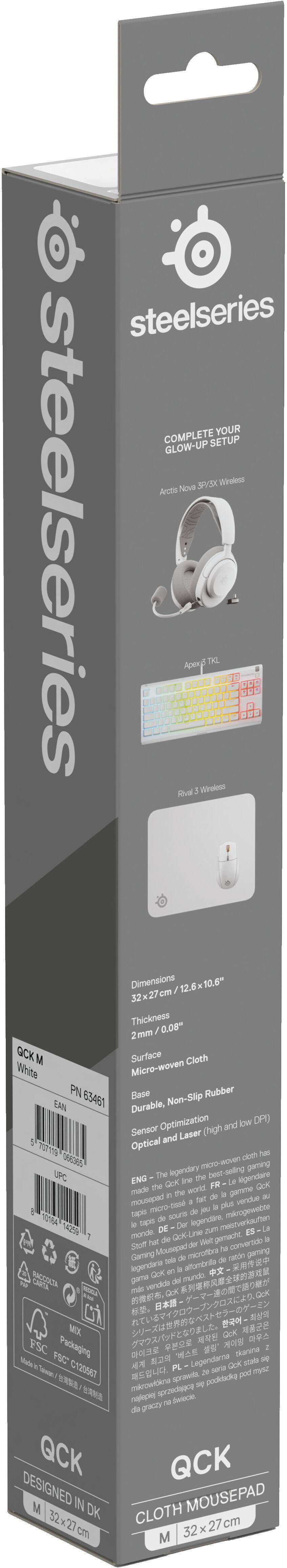 steelseries COMPLETE YOUR GLOW-UP SETUP Arctis Nova 3P/3X Wireless steelseries Apex 3 TKL Rival 3 Wireless Dimensions 32 x 27 cm / 12.6 x 10.6" Thickness 2mm / 0.08" OCK M Surface Micro-woven Cloth White Base Durable, Non-Slip Rubber Sensor Optimization Optical and Laser (high and low DPI) ENG - The legendary micro-woven cloth has made the Qck line the best-selling gaming mousepad in the world. FR - Le legendaire tapis de souris de la gamme Qck en France. DE - Die Qck-Line zum mistigen Qck-Linen. ES - La Stoff hat die Qck-Linen in der Welt. HI - Qck-Linen은 세계의 최고의 마우스패드입니다. JA - Qck-Linen은 세계 최고의 마우스패드입니다. KO - Qck-Linen은 세계 최고의 마우스패드입니다. PL - Legendarna je mikrowoven stofka, którą używałość Qck. The legendary mousepad in the FR - Le legendaire tapis de souris de la gamme Qck en France. DE - Die Qck-Line zum mistigen Qck-Linen. ES - La Stoff hat die Qck-Linen in der Welt. HI - Qck-Linen은 세계 최고의 마우스패드입니다. KO - Qck-Linen은 세계 최고의 마우스패드입니다. PL - Legendarna je mikrowoven stofka, którą używałość Qck. The legendary mousepad in the world. ENG - The legendary micro-woven cloth has made the Qck line the best-selling gaming mousepad in the world. FR - Le legendaire tapis de souris de la gamme Qck en France. DE - Die Qck-Line zum mistigen Qck-Linen. ES - La Stoff hat die Qck-Linen in der Welt. HI - Qck-Linen은 세계 최고의 마우스패드입니다. KO - Qck-Linen은 세계 최고의 마우스패드입니다. PL - Legendarna je mikrowoven stofka, którą używałość Qck. The legendary