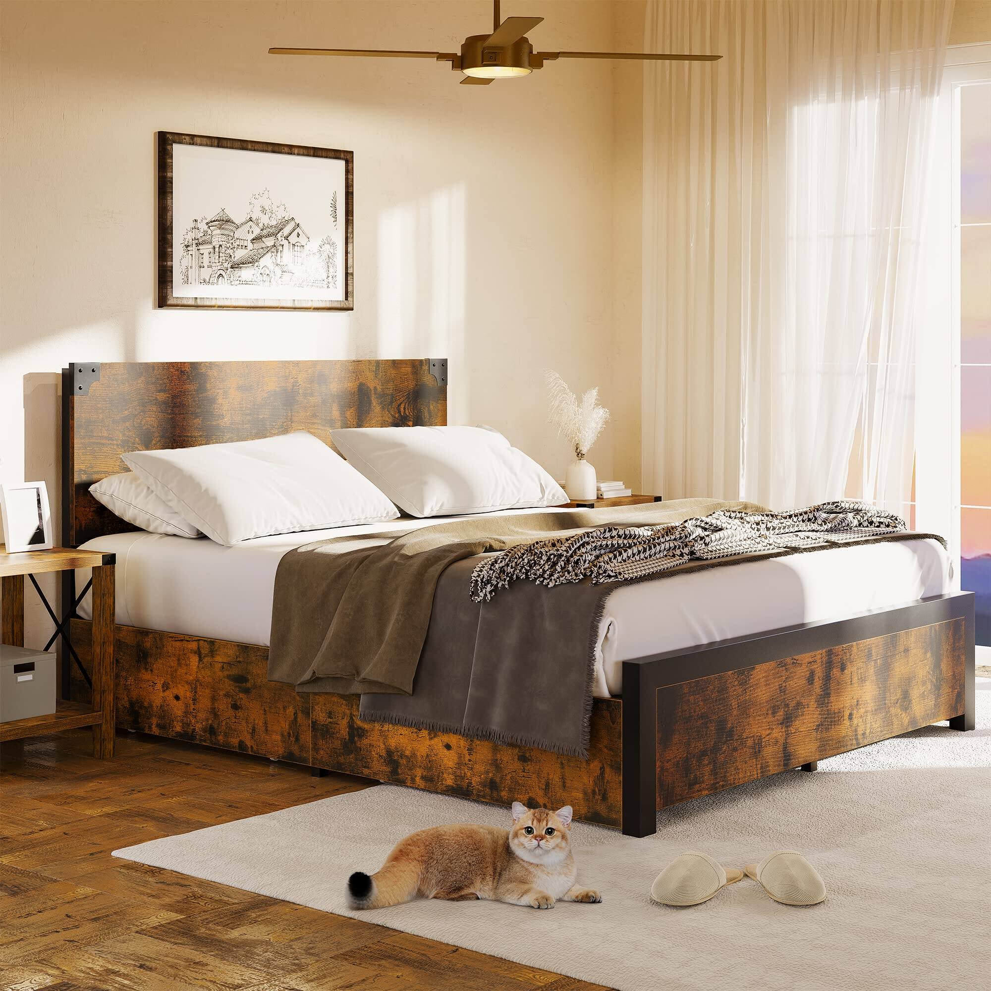 Back. Homhougo - King Bed Frame, Platform Full Size Bed Frame with Wood Headboard, Metal Full Bed Frame Brown - Brown.