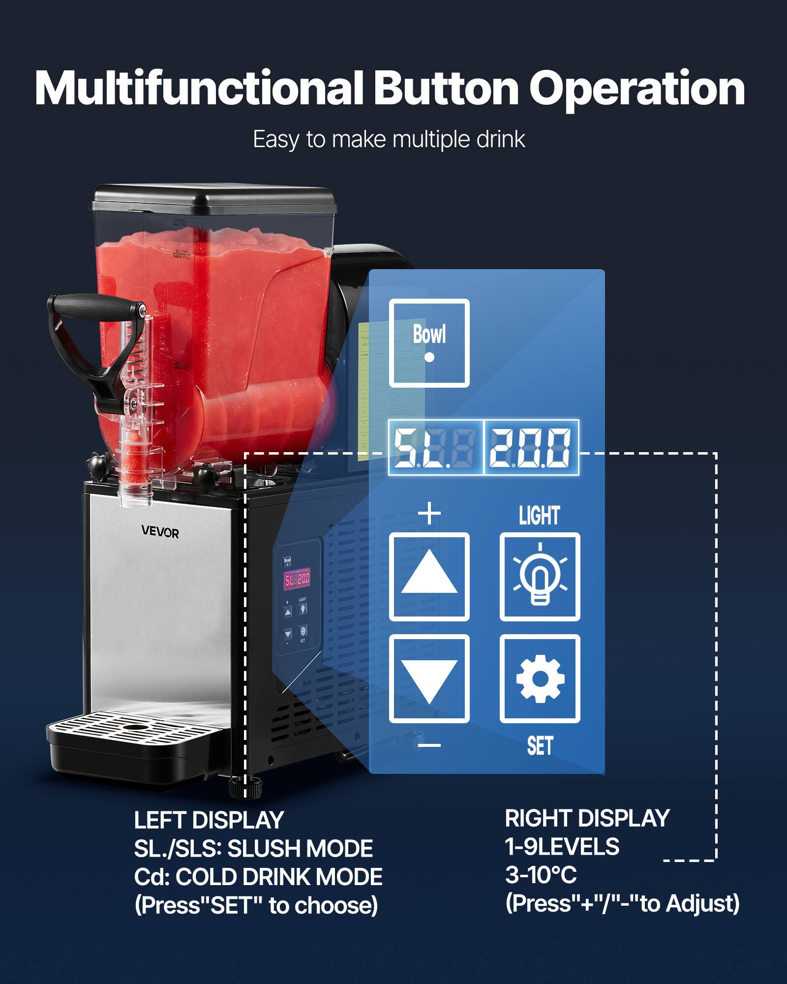 Multifunctional Button Operation  
Easy to make multiple drink  

LEFT DISPLAY  
SL./SLS: SLUSH MODE  
Cd: COLD DRINK MODE  
(Press "SET" to choose)  

RIGHT DISPLAY  
1-9 LEVELS  
3-10°C  
(Press "+"/"-" to Adjust)