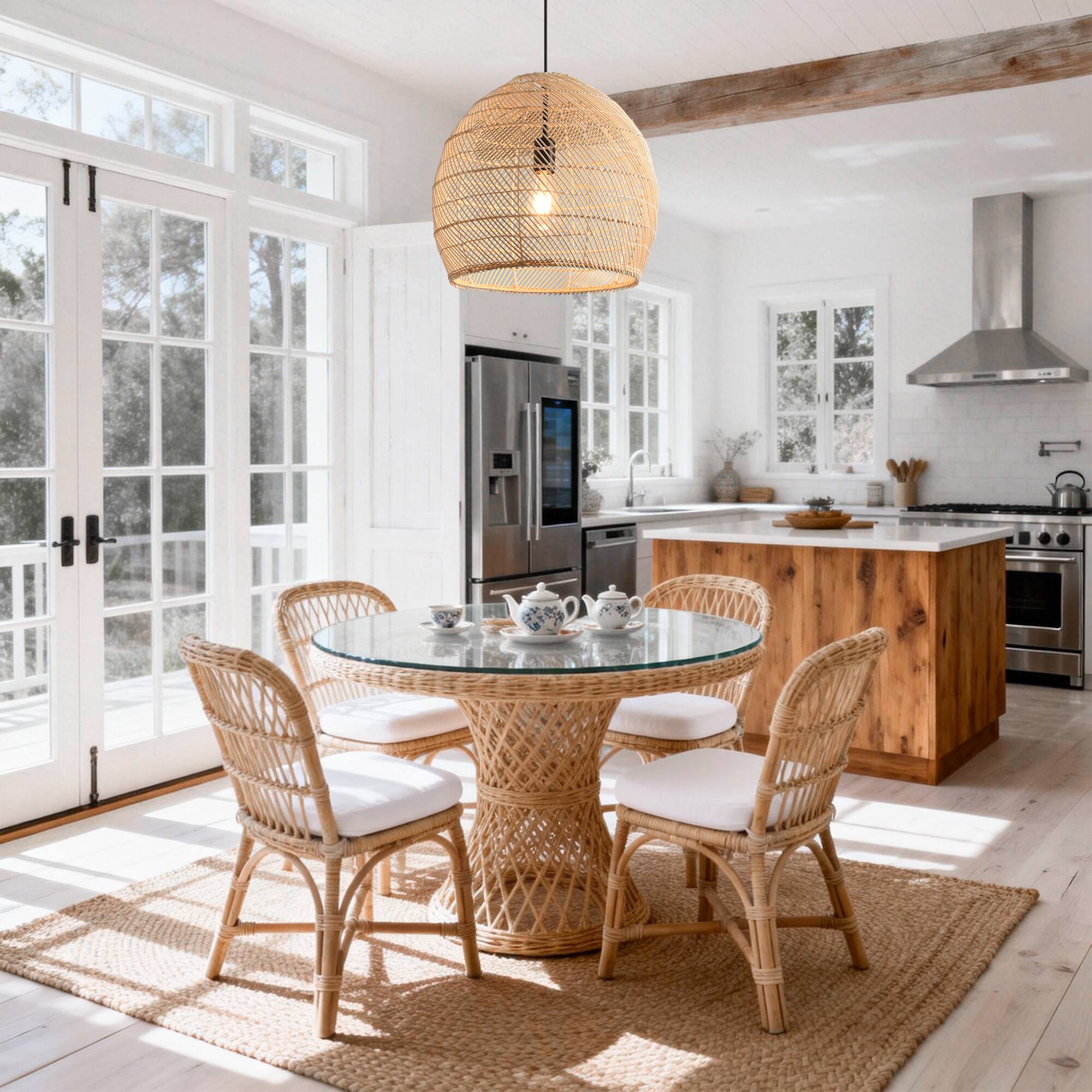 Angle. Parrot Uncle - 1-Light Coasta Style Brown Hand-Woven Rattan Cloche Hanging Pendant Light.