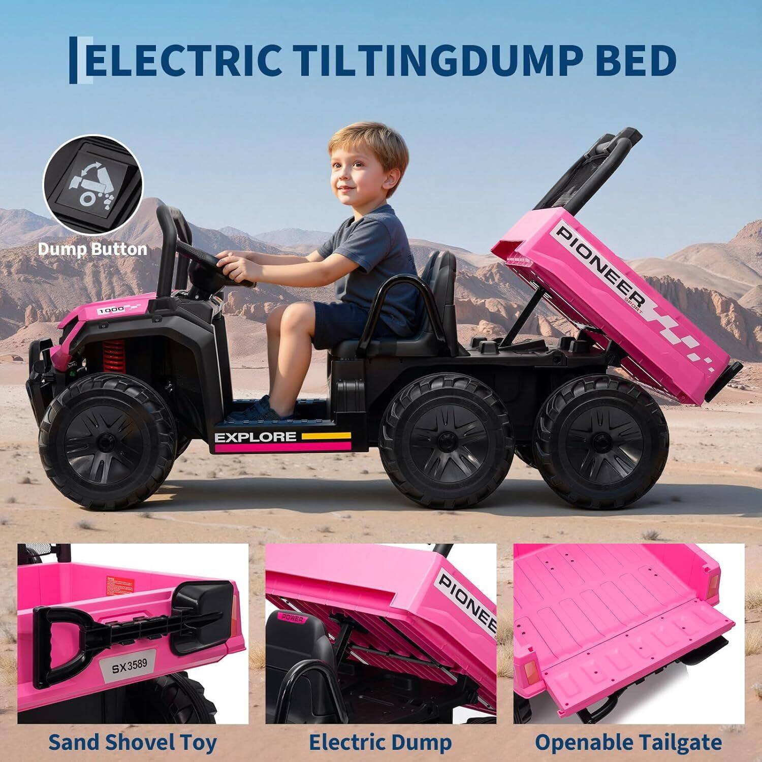 ELECTRIC TILTING DUMP BED

Dump Button

Sand Shovel Toy

Electric Dump

Openable Tailgate
