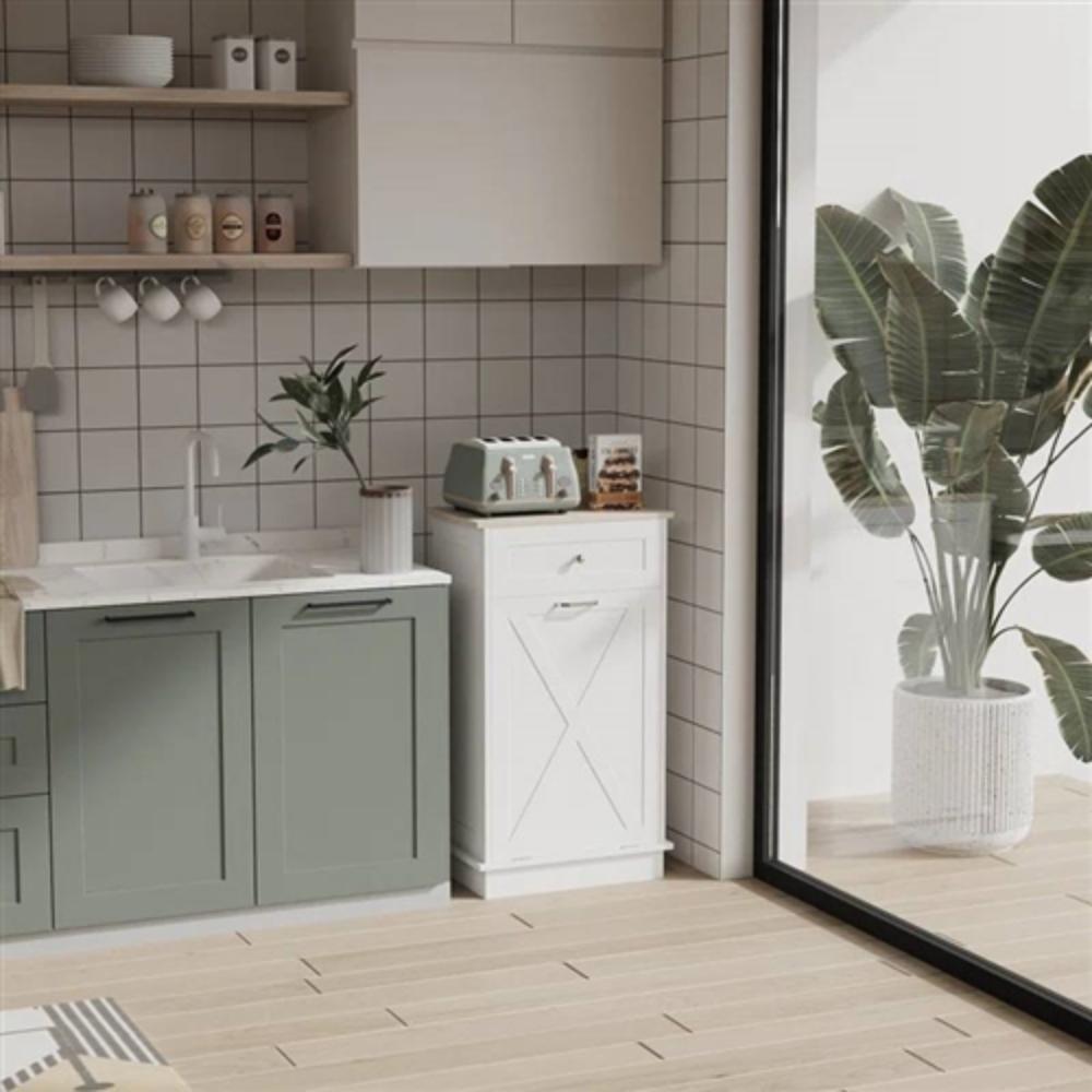 Left. Hivvago - Trash Can Cabinet in White Wood Finish - Accommodates 10-Gallon Trash Bin - White Wood Finish.