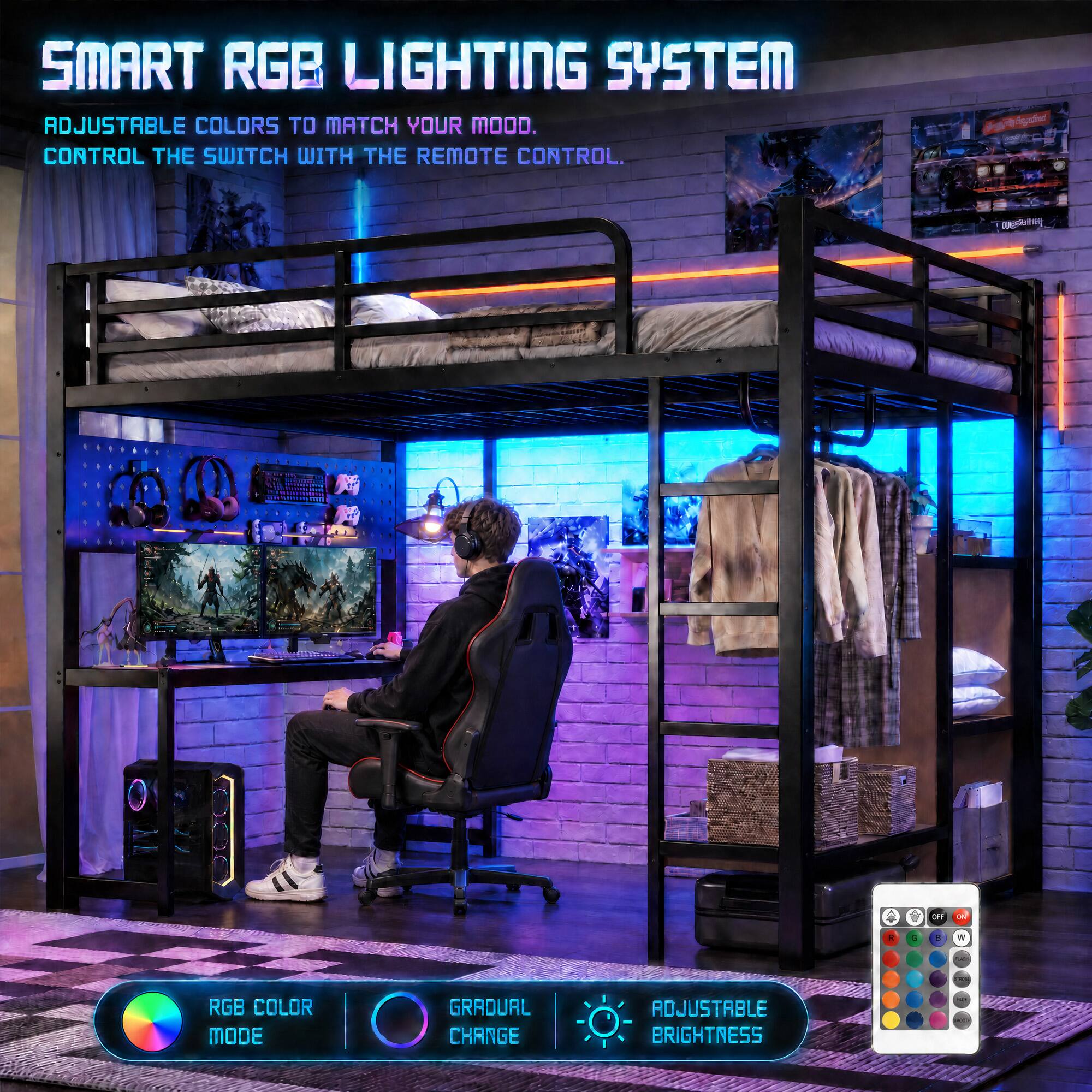 SMART RGB LIGHTING SYSTEM  
ADJUSTABLE COLORS TO MATCH YOUR MOOD.  
CONTROL THE SWITCH WITH THE REMOTE CONTROL.  

RGB COLOR MODE  
GRADUAL CHANGE  
ADJUSTABLE BRIGHTNESS