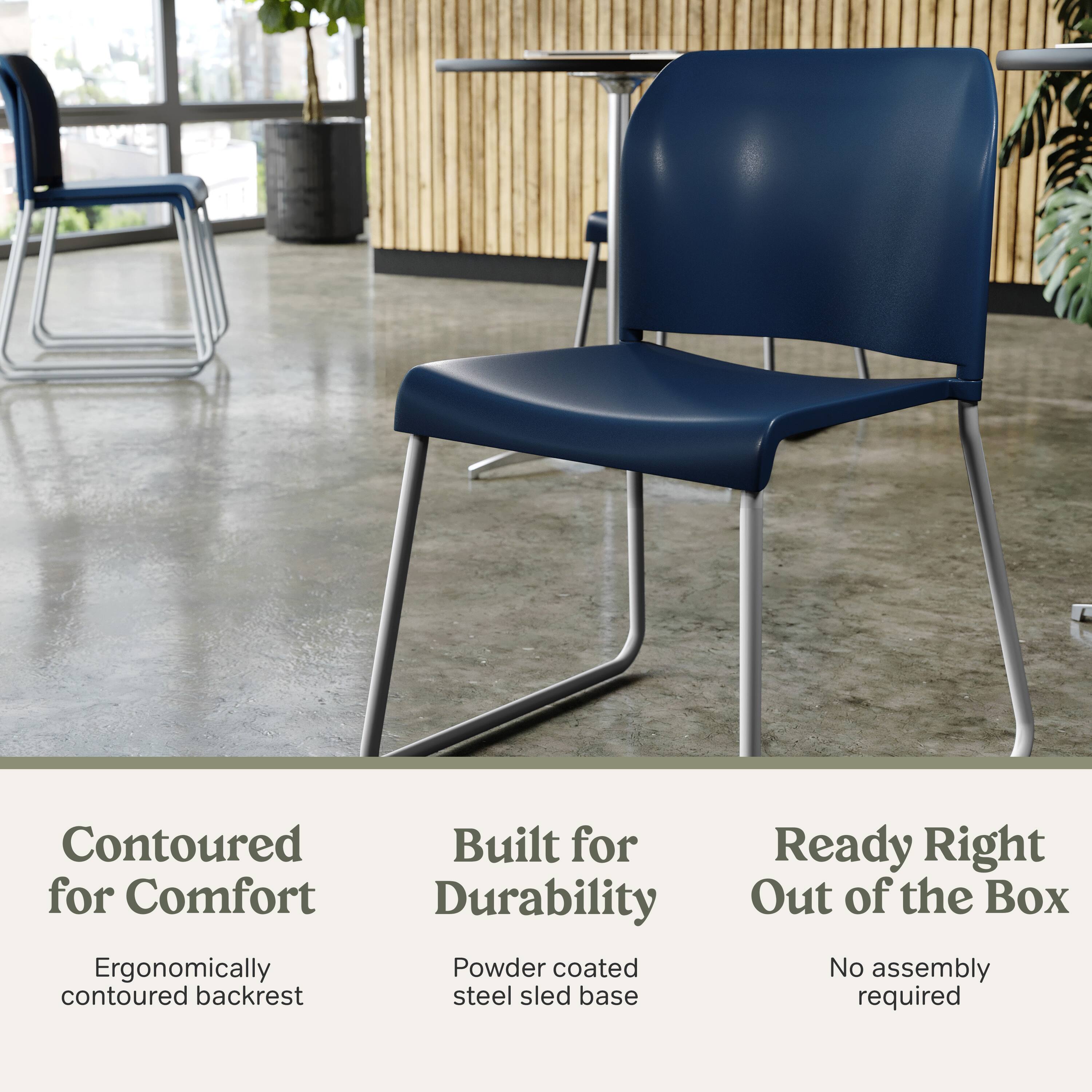 Contoured for Comfort  
Ergonomically contoured backrest  

Built for Durability  
Powder coated steel sled base  

Ready Right Out of the Box  
No assembly required